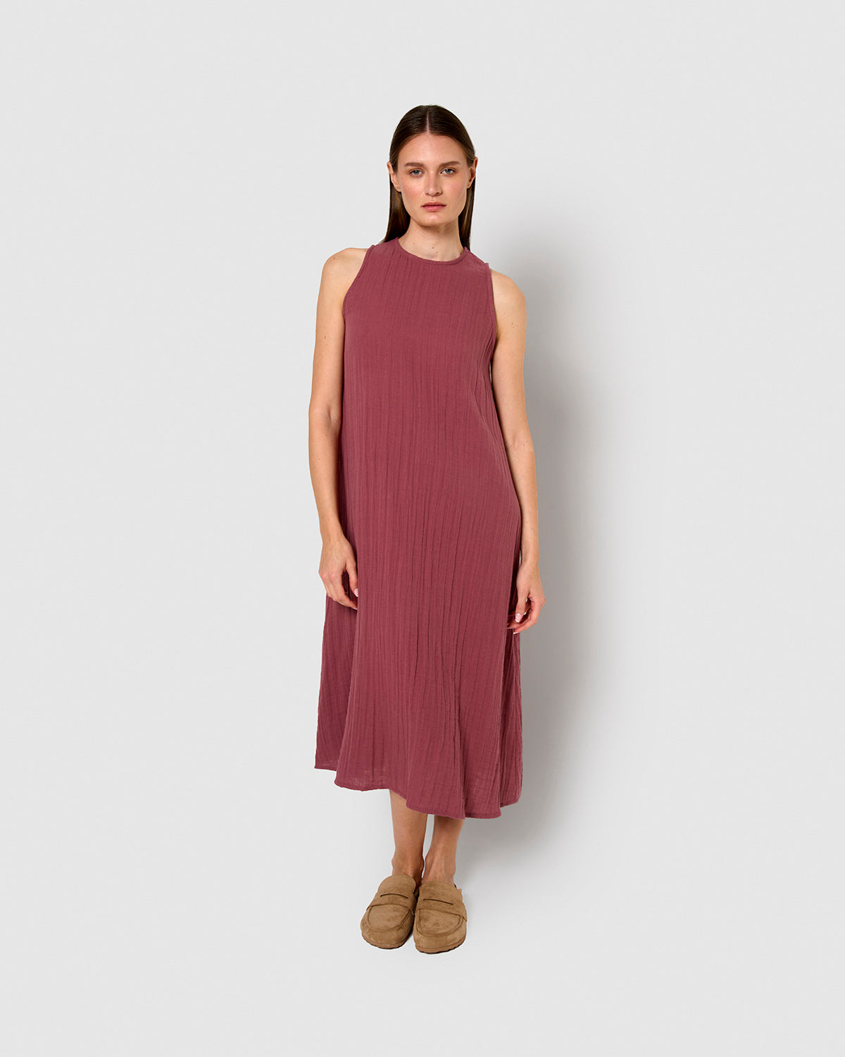 Vestido largo tirantes muselina malva