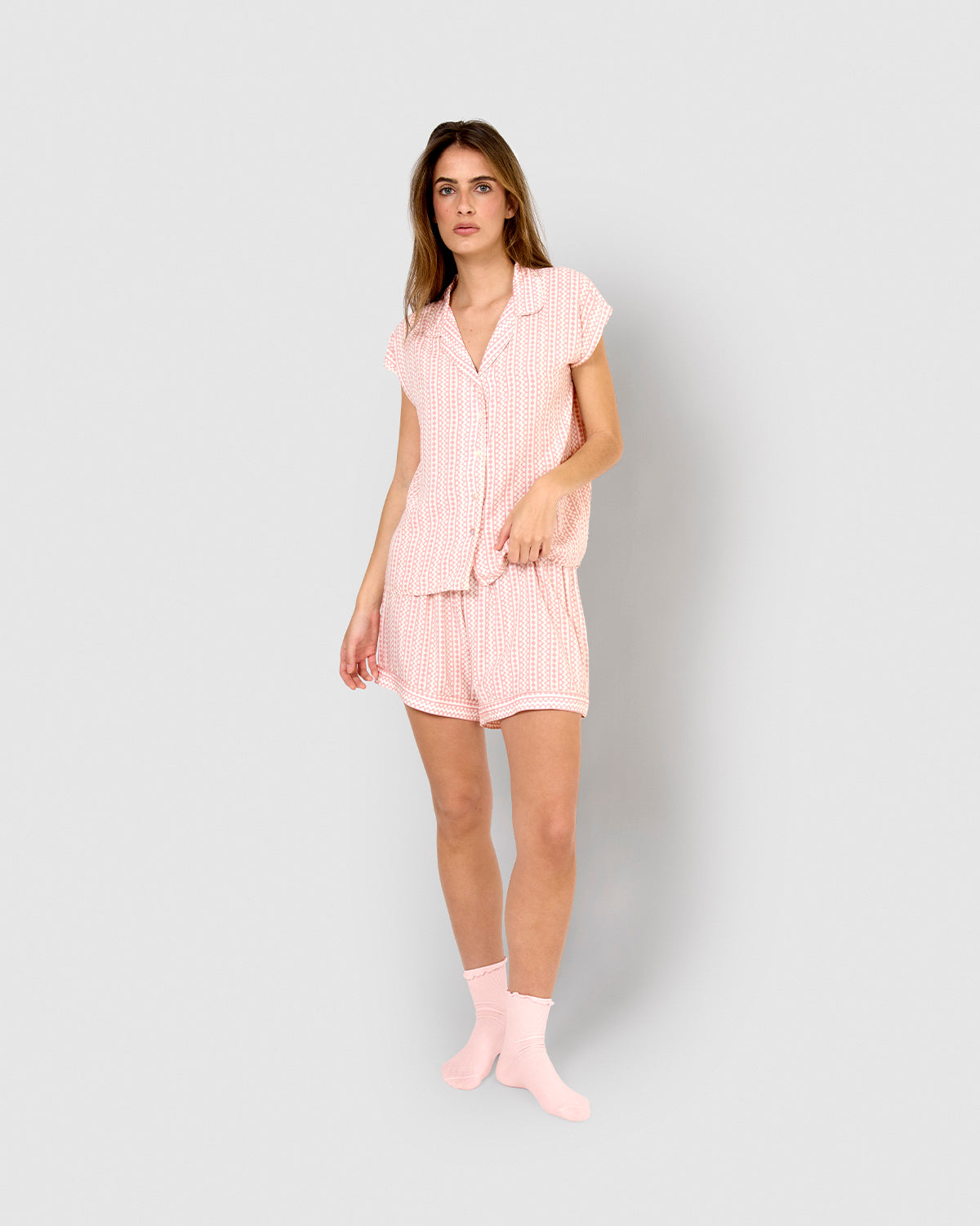 Pijama corto camisero viscosa étnico rosa