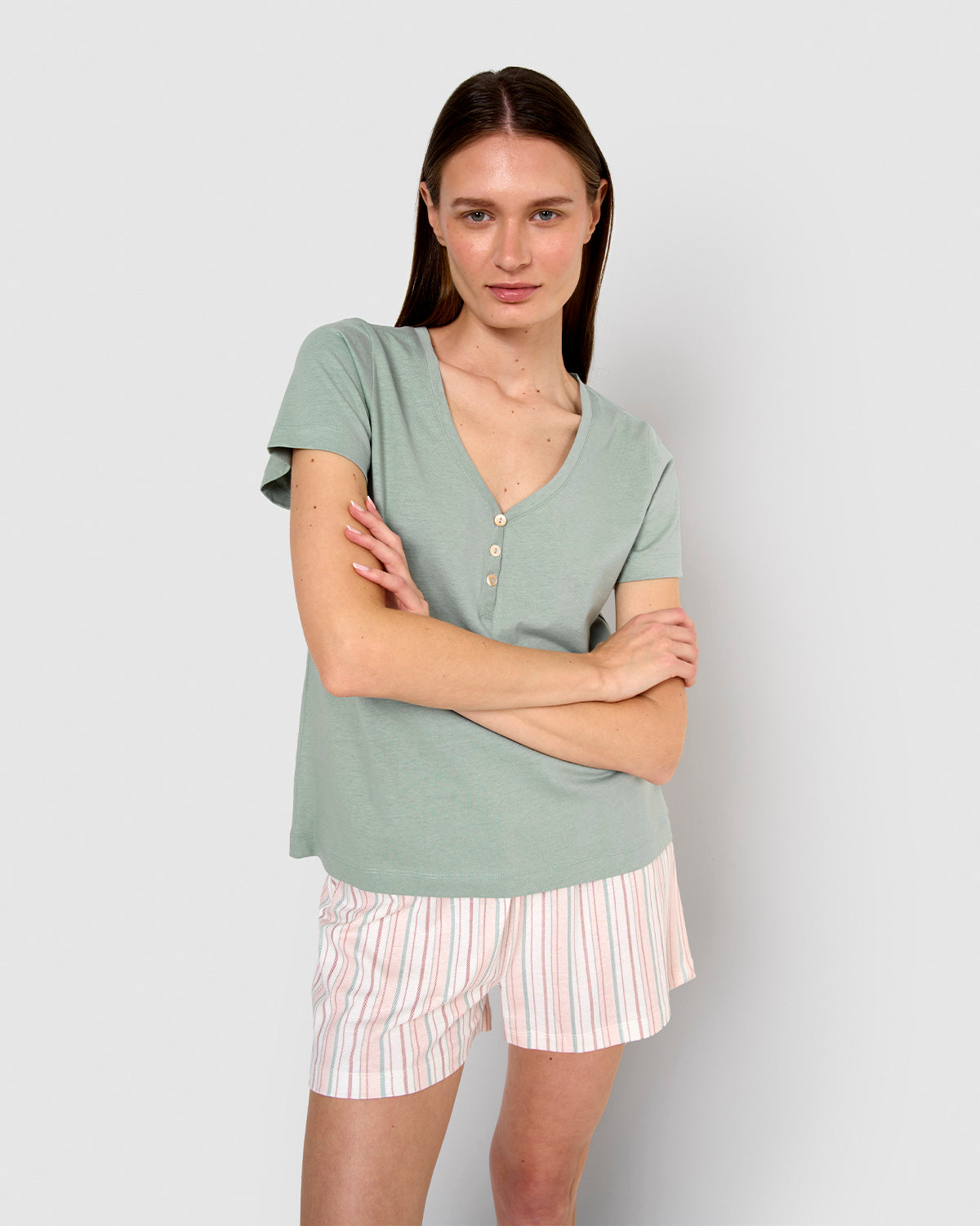 Pijama corto algodón raya serena verde azulado