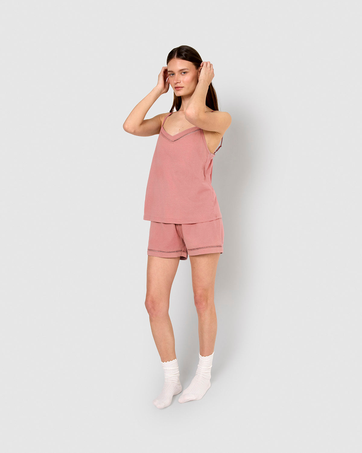 Pijama corto algodón vainica tirante malva