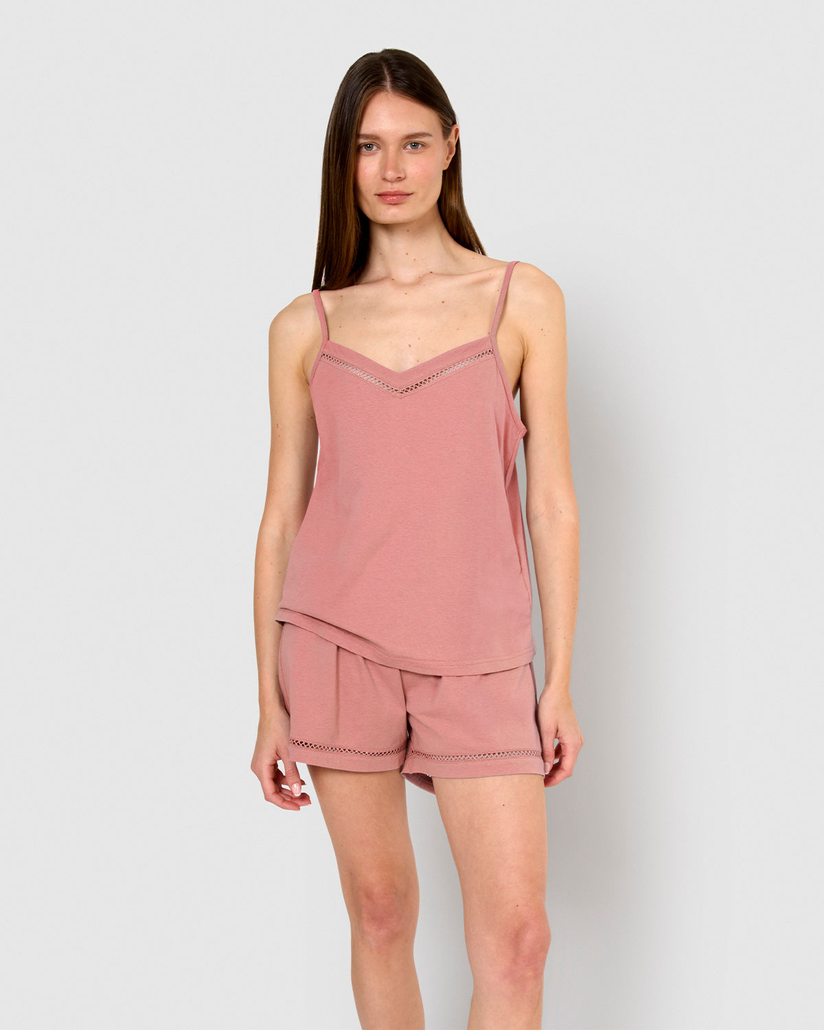 Pijama corto algodón vainica tirante malva