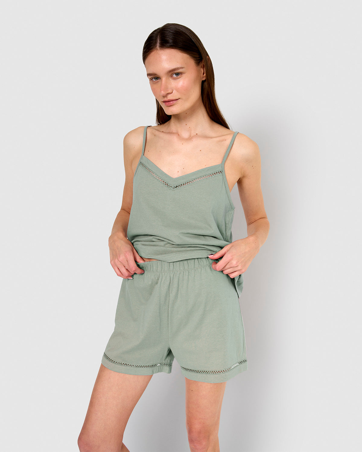 Pijama corto algodón vainica tirante verde azulado