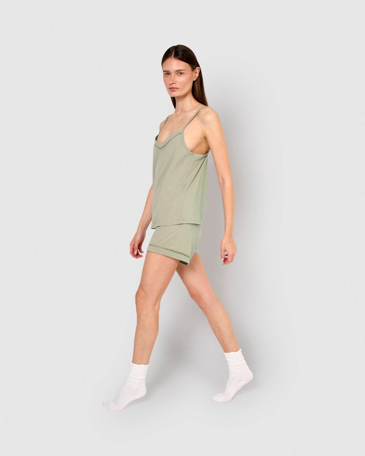 Pijama corto algodón vainica tirante verde cacería