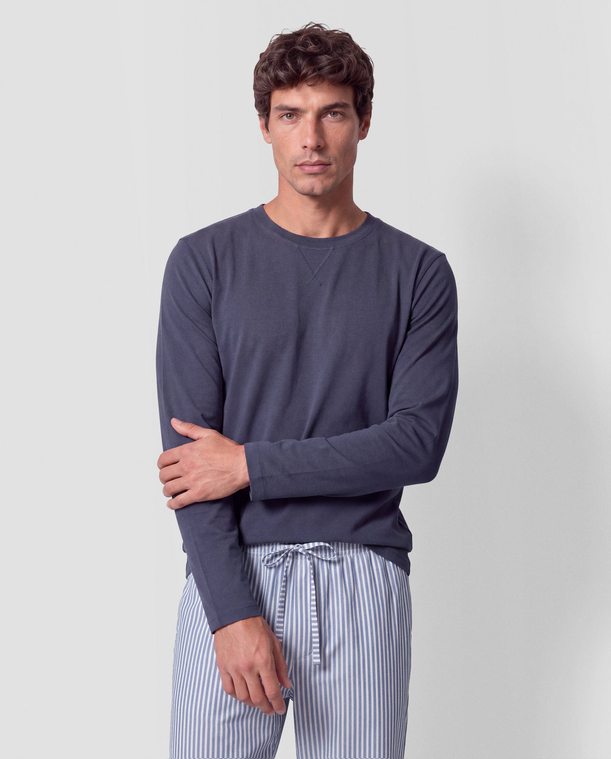 Pyjama long coton rayures oxford bleu