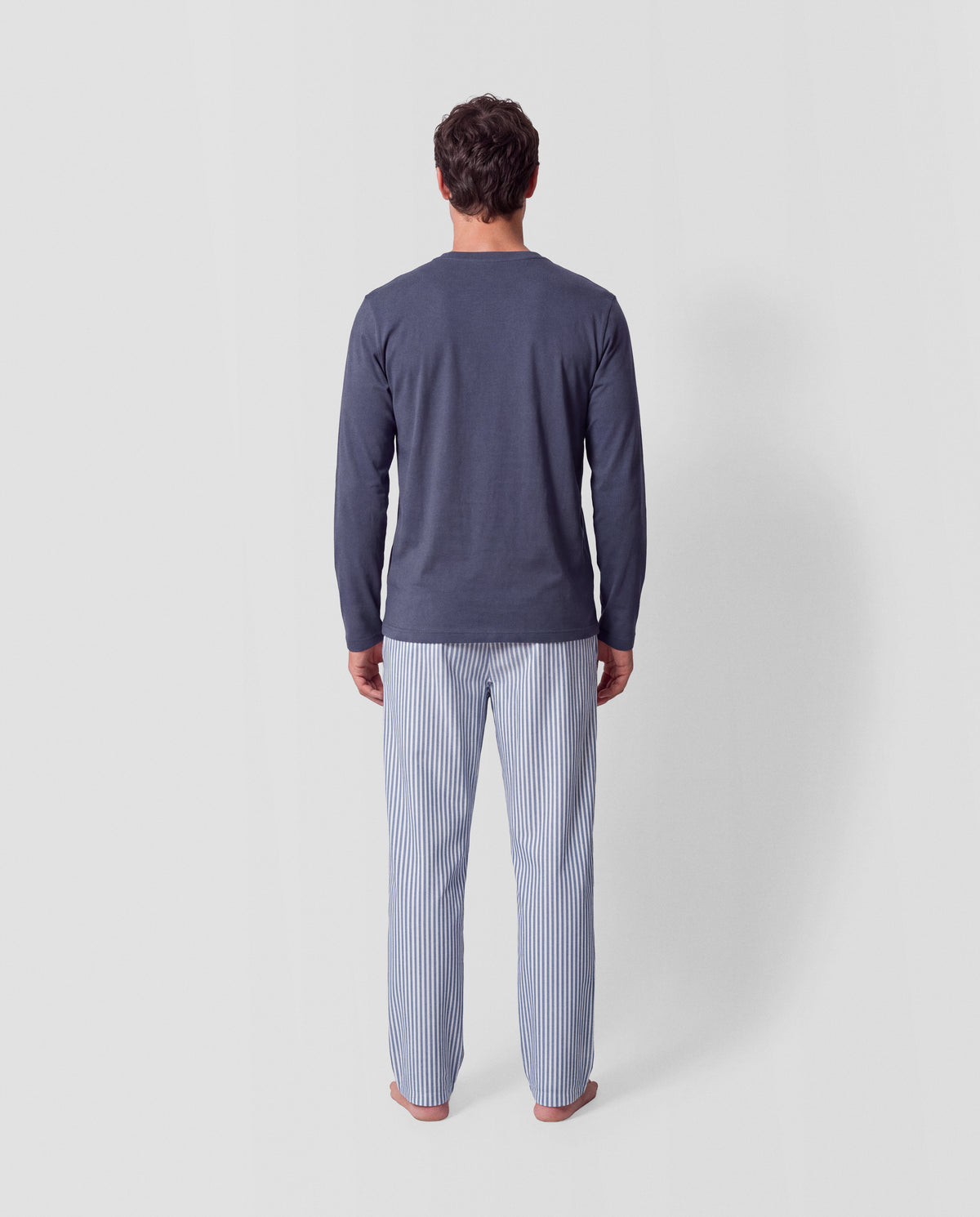 Pyjama long coton rayures oxford bleu