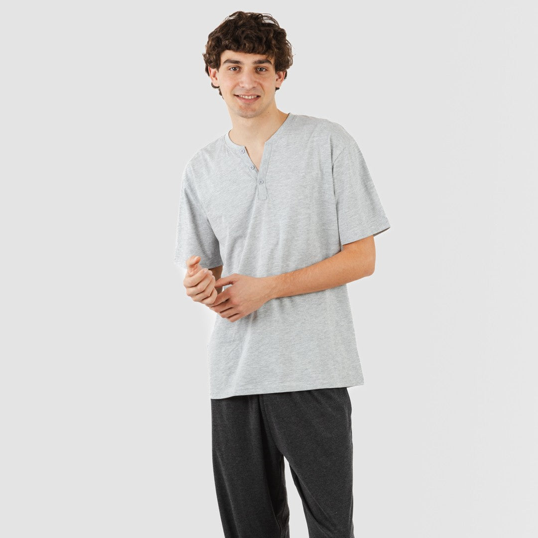 Pijama masculino de manga curta e comprida com botão de pérola - carvão