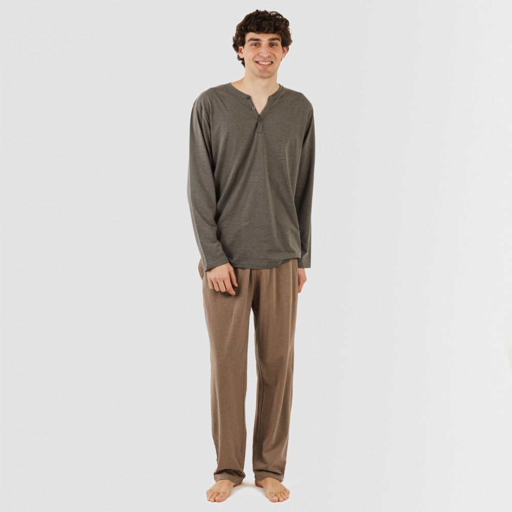 Pijama largo hombre con botones petroleo - marron