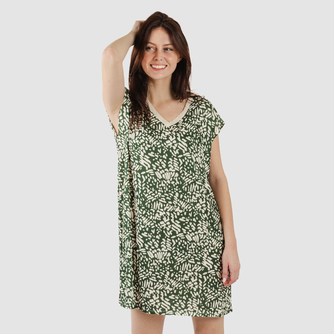 Vestido corto manga fluida soft Miquela verde caceria