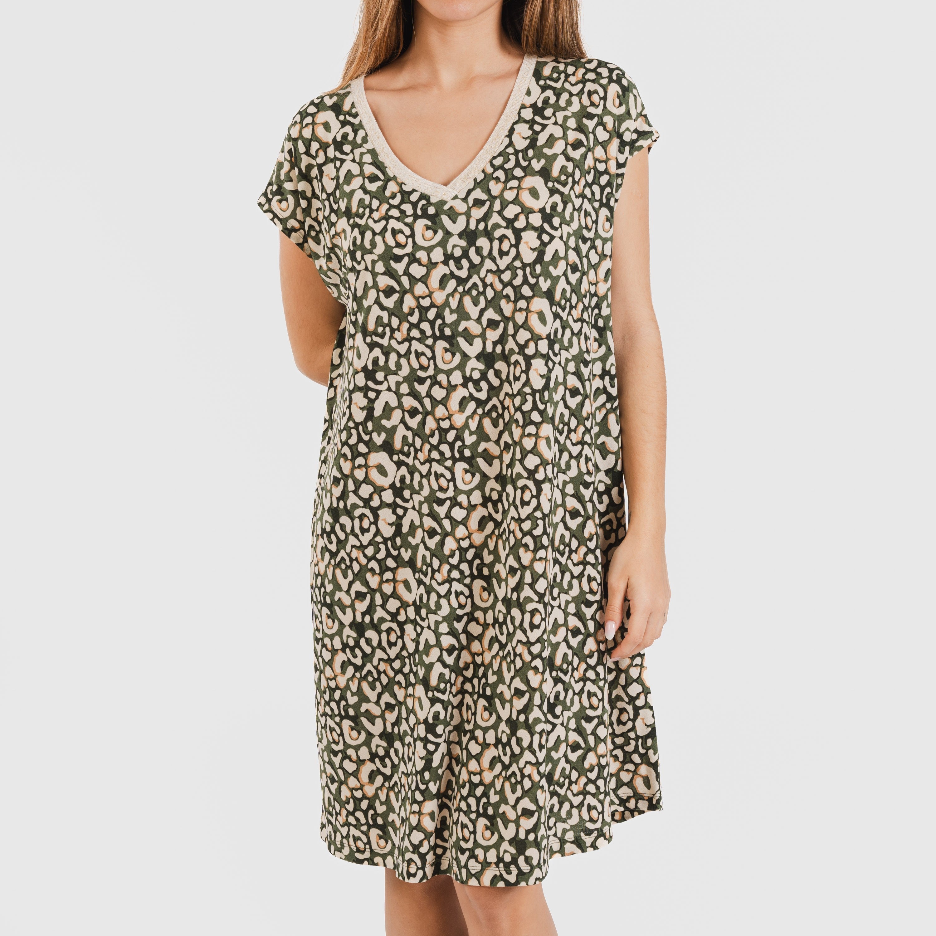 Vestido corto manga fluida crepe Milina verde caceria