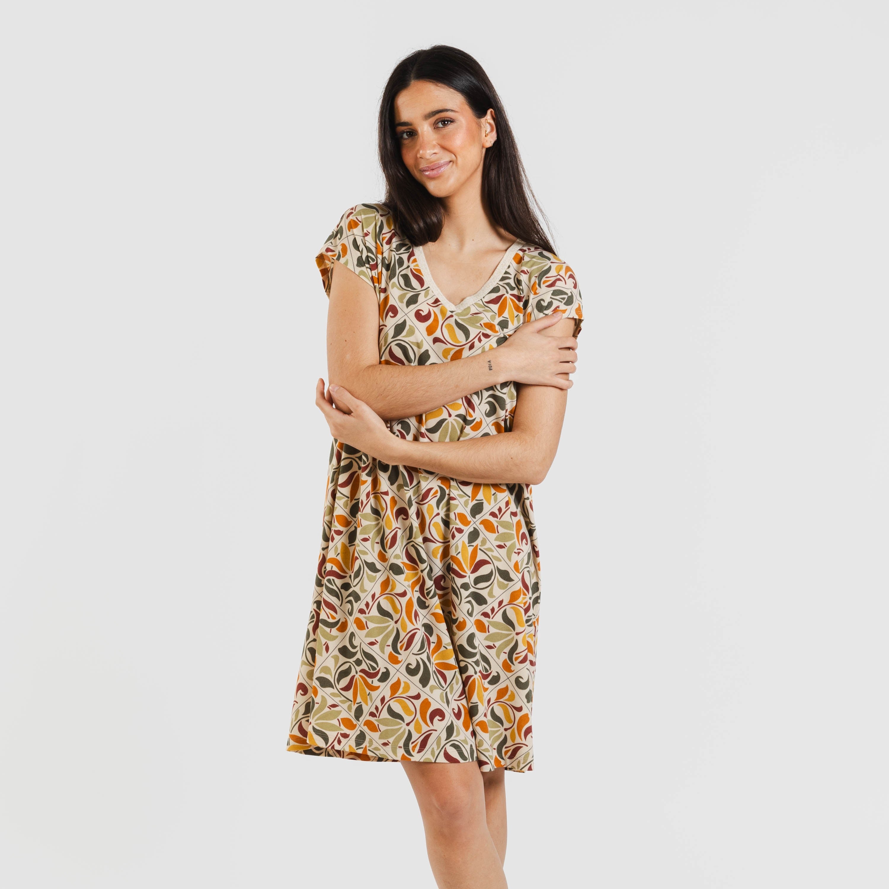 Vestido corto manga fluida crepe Cilian