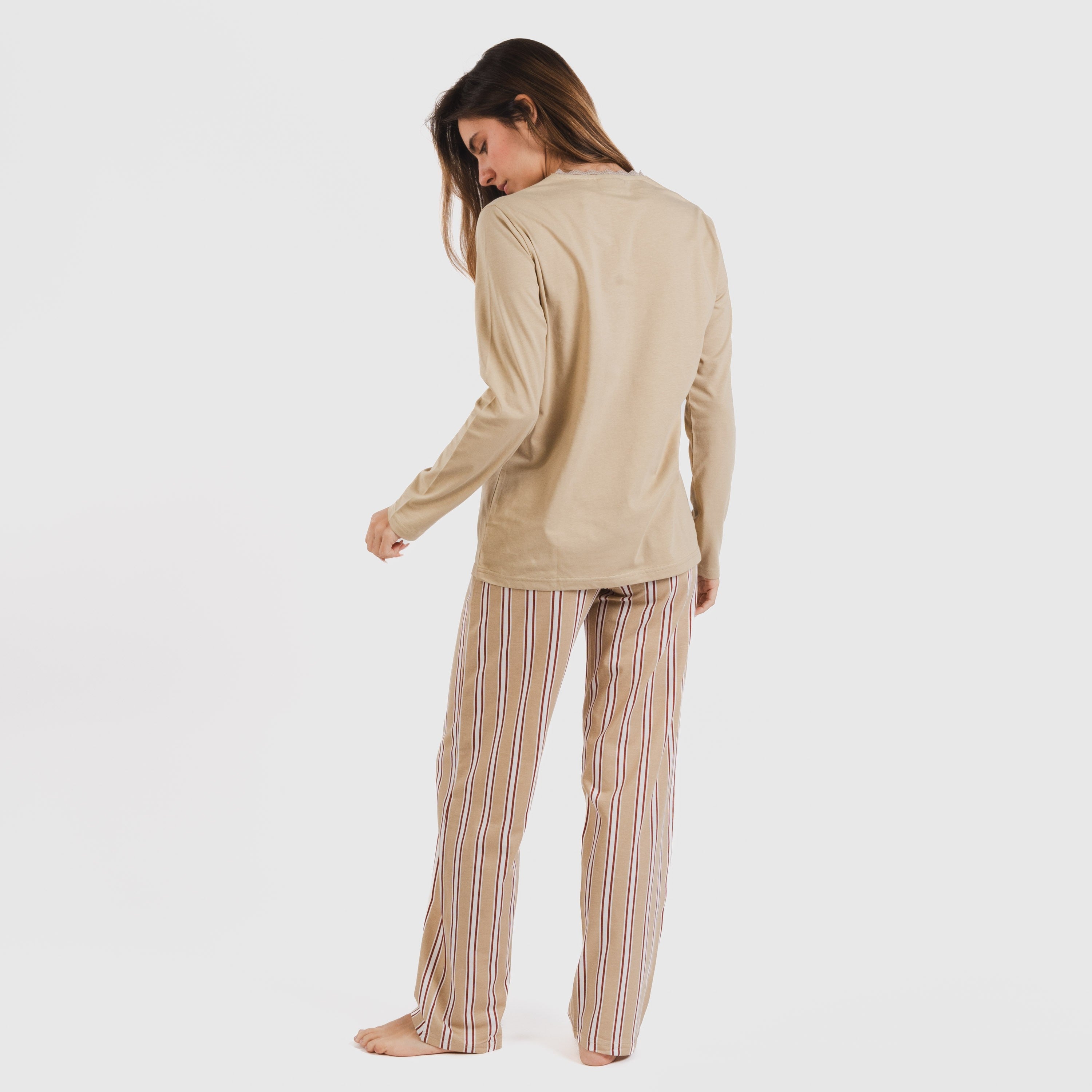 Pijama largo algodón Raya Ico arena