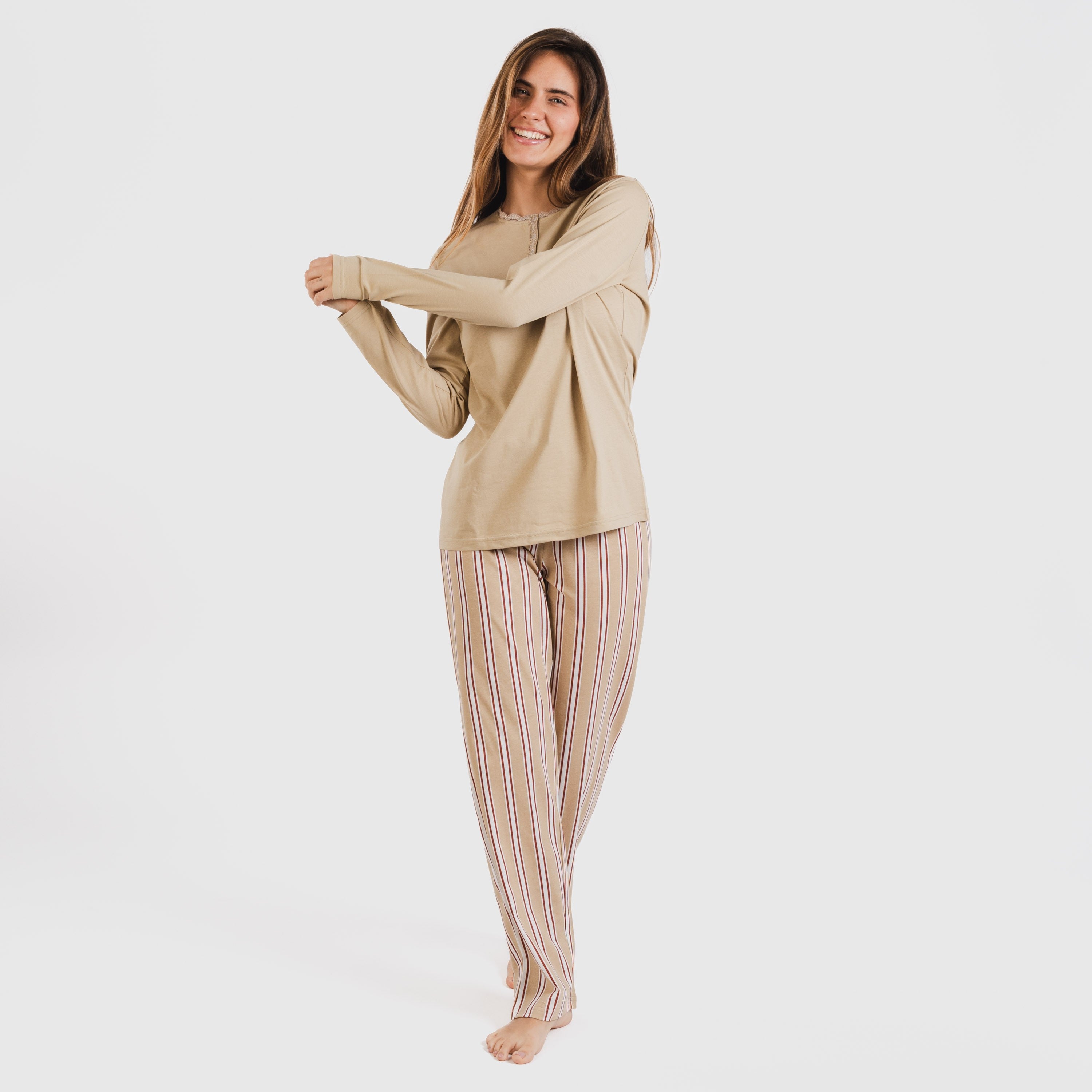 Pijama largo algodón Raya Ico arena