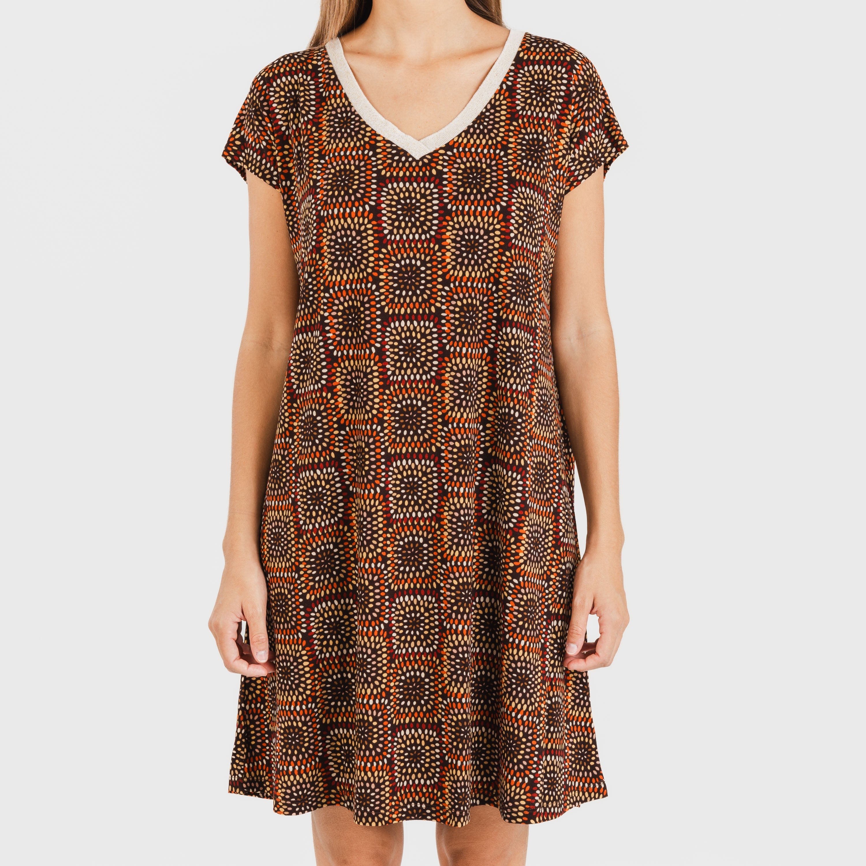 Vestido corto manga fluida crepe Liviana teja