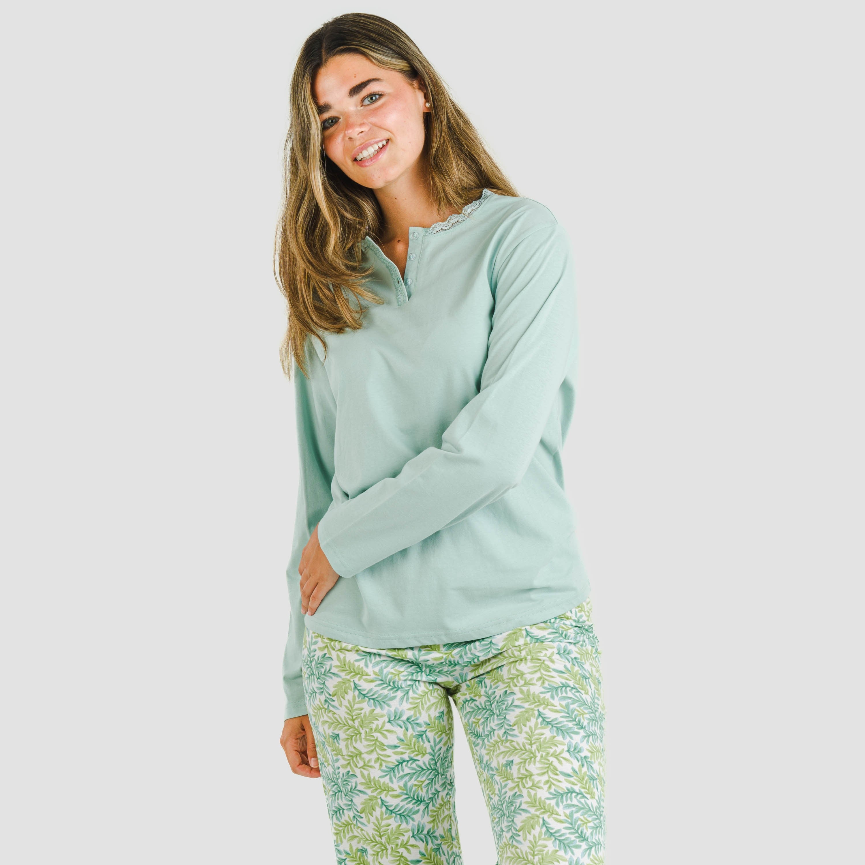 Pijama largo algodón Zafra verde azulado