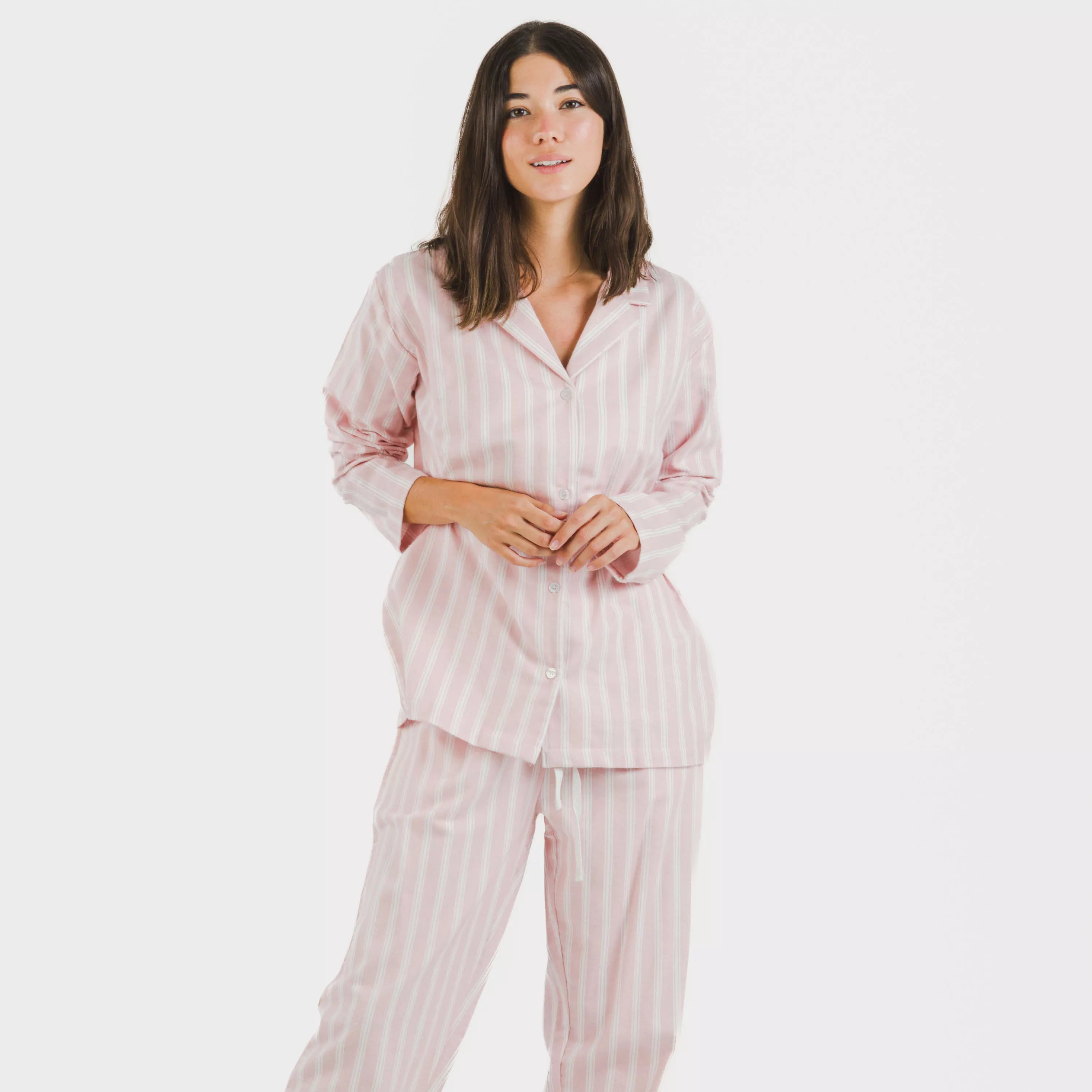 Pijama feminino de flanela com lapela, estampa listrada Marseille rosa.