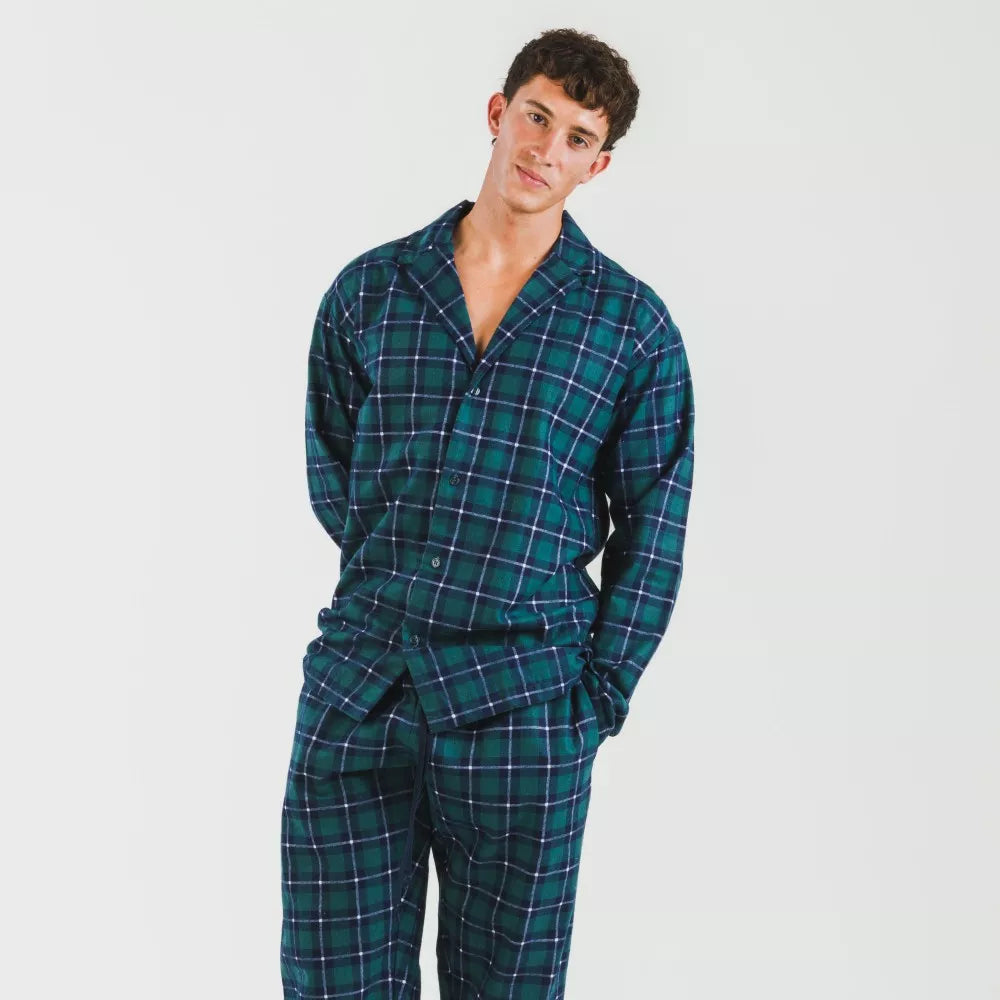 Pijama franela con solapa hombre Cuadro Ruz verde