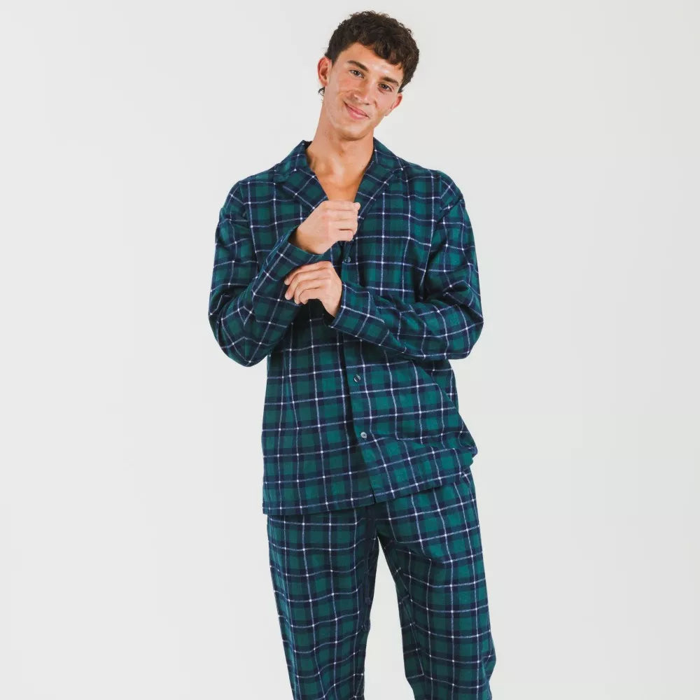 Pijama franela con solapa hombre Cuadro Ruz verde