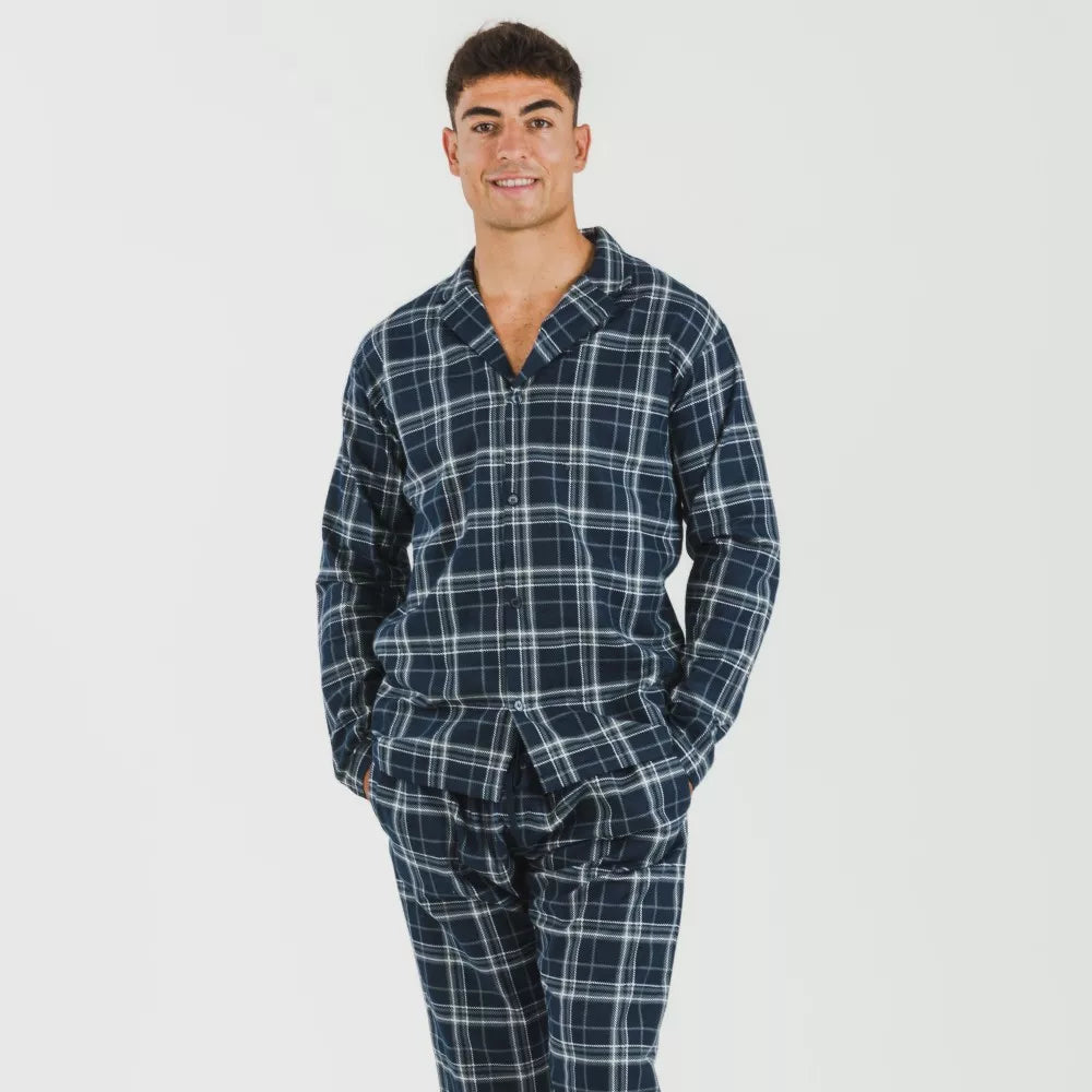 Pijama franela con solapa hombre Cuadro Brais azul
