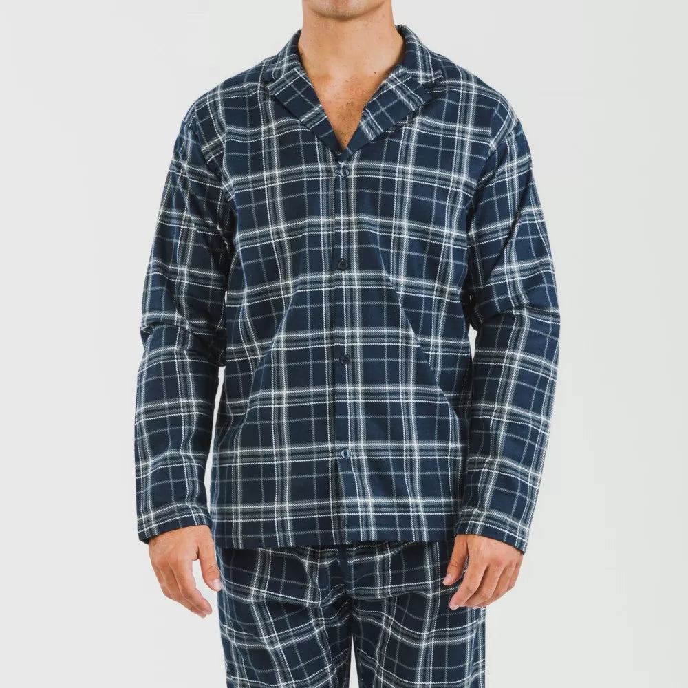 Pijama franela con solapa hombre Cuadro Brais azul