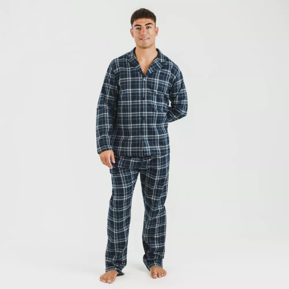 Pijama franela con solapa hombre Cuadro Brais azul