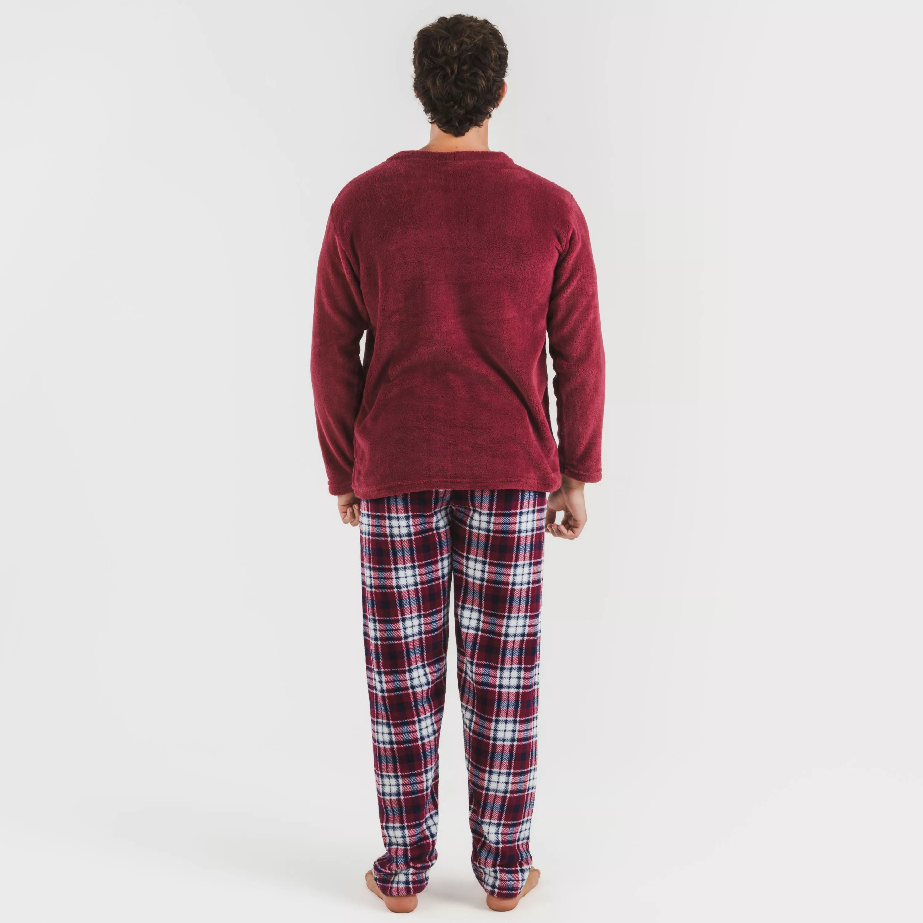 Pijama masculino de lã coral, xadrez bordô Dido