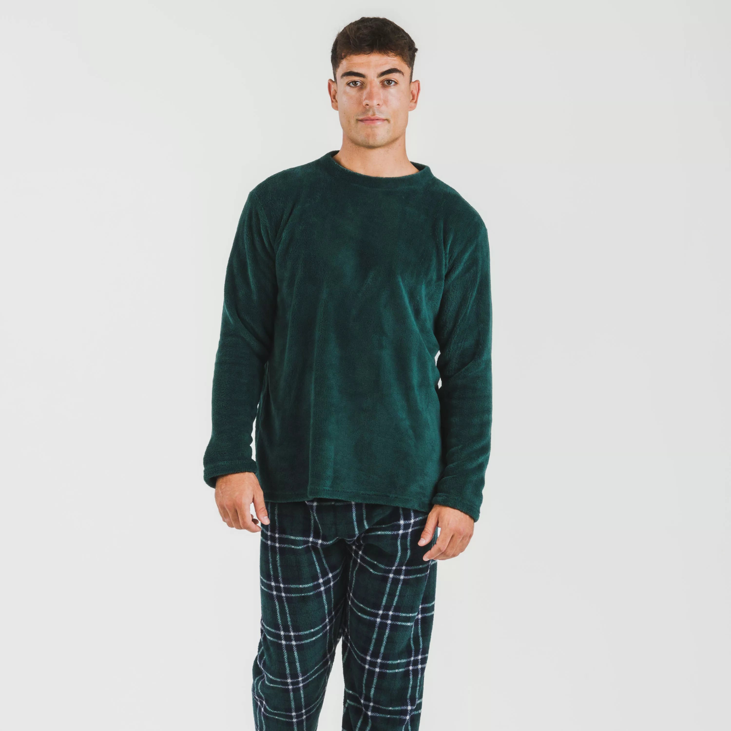 Pijama masculino de lã coral, xadrez verde Welo