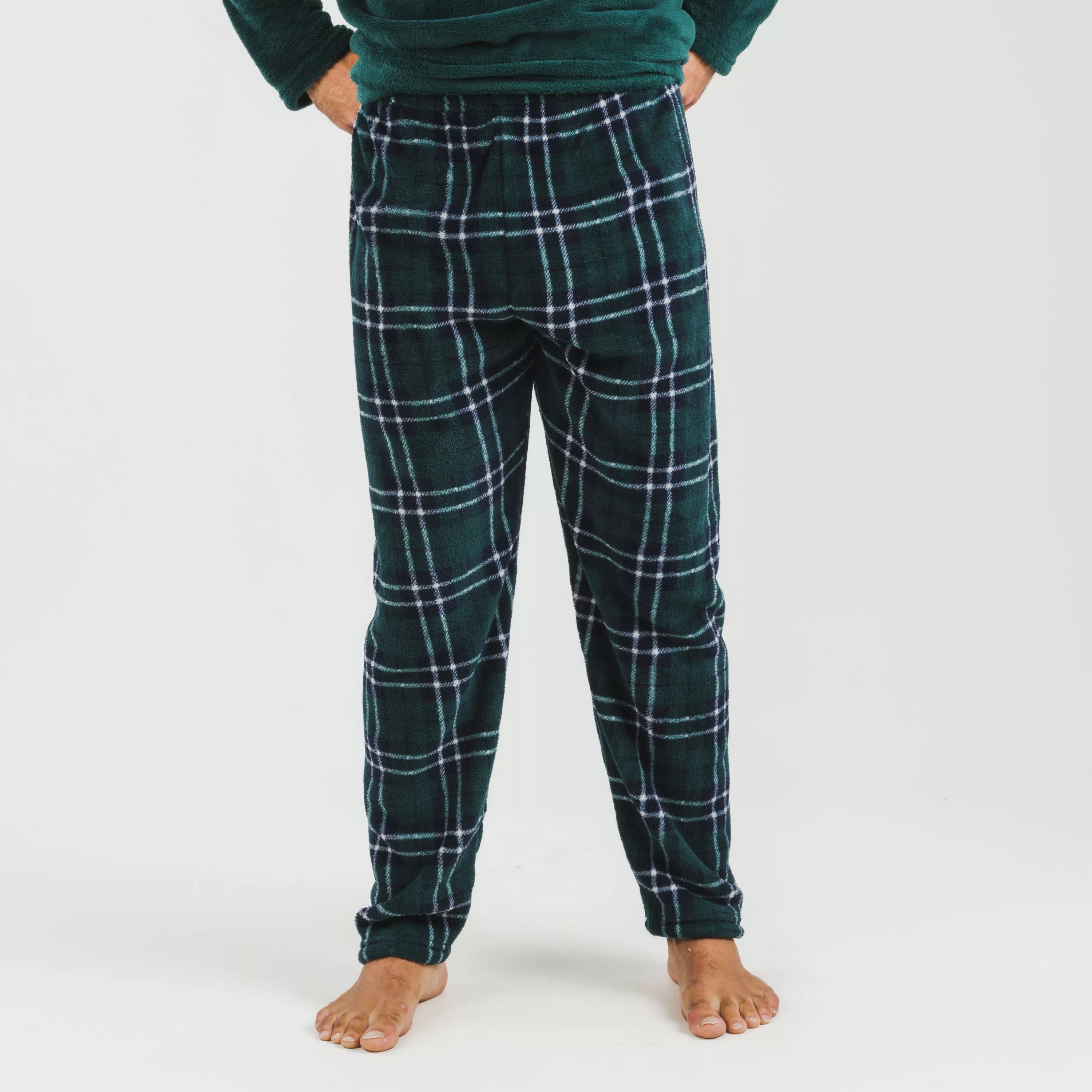Pijama masculino de lã coral, xadrez verde Welo