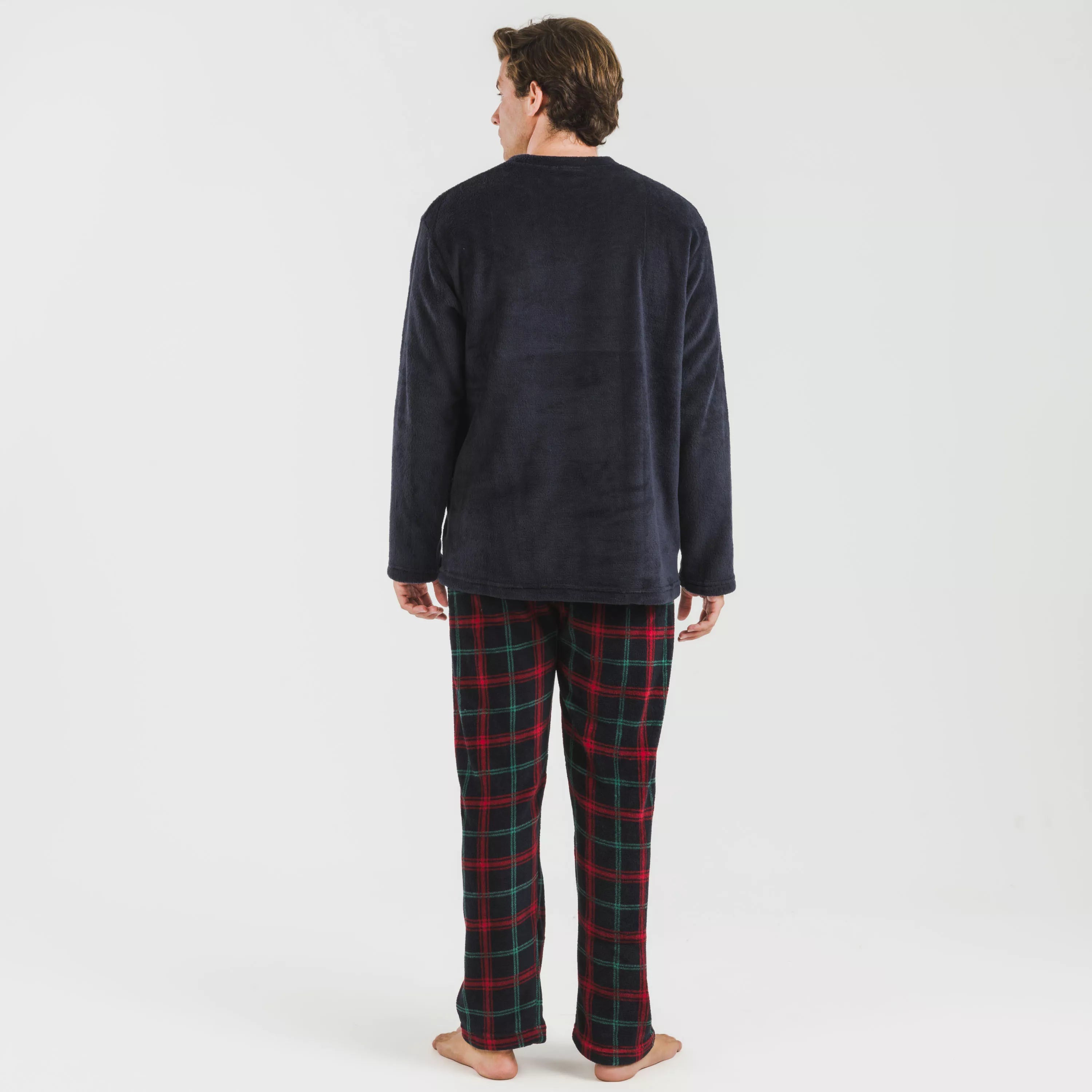 Pijama masculino de lã coral, xadrez romano azul.