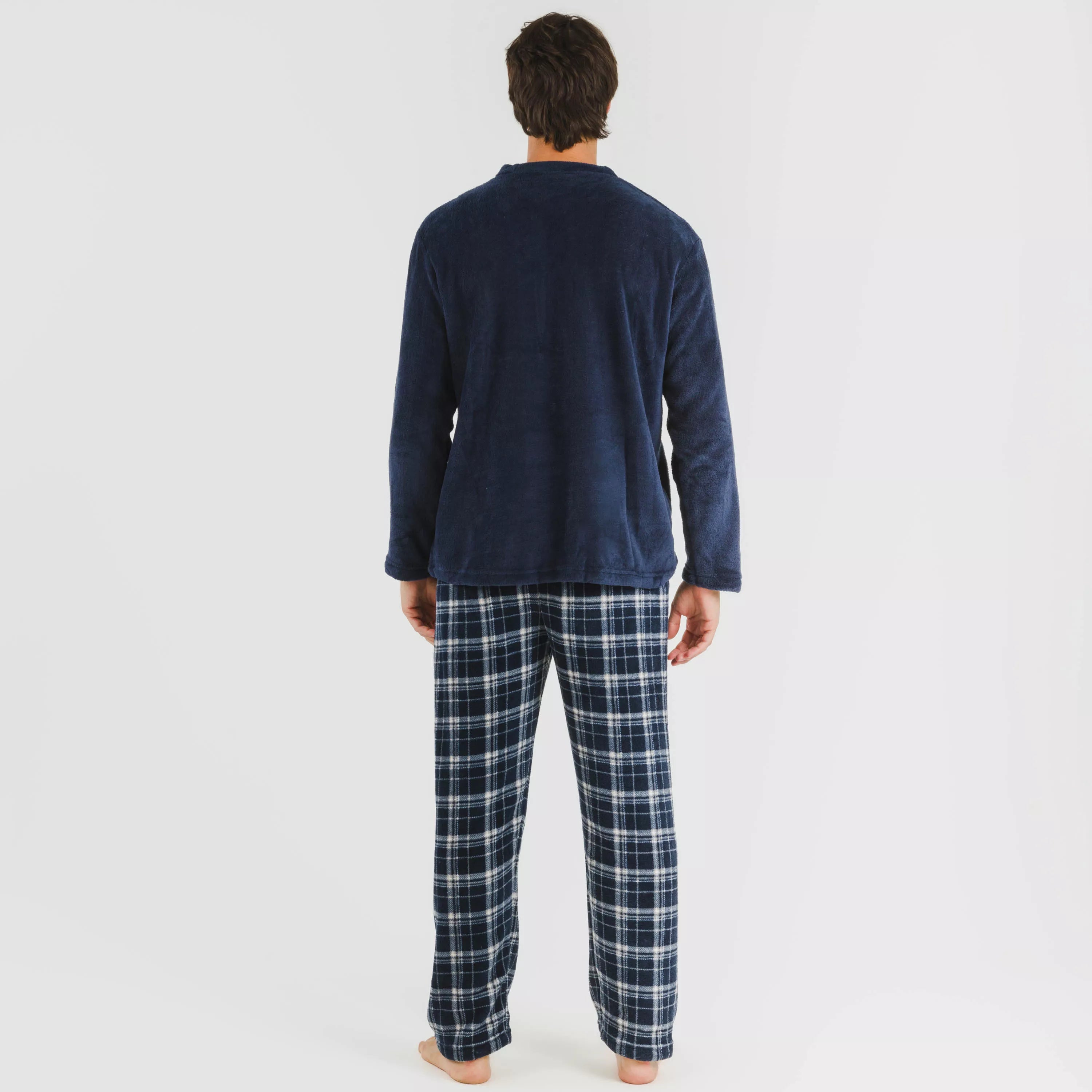 Pijama masculino de lã coral, xadrez Brais azul marinho