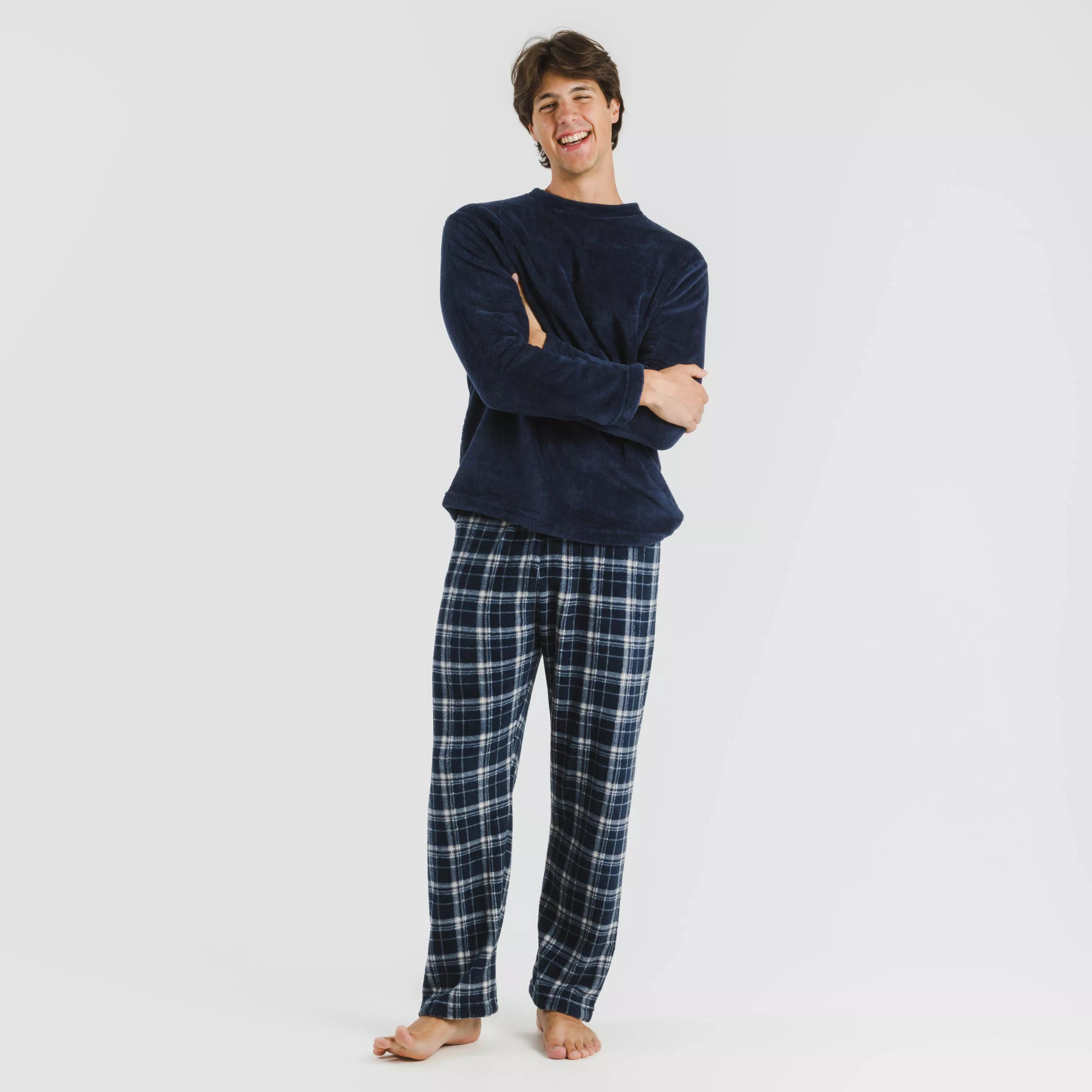 Pijama masculino de lã coral, xadrez Brais azul marinho
