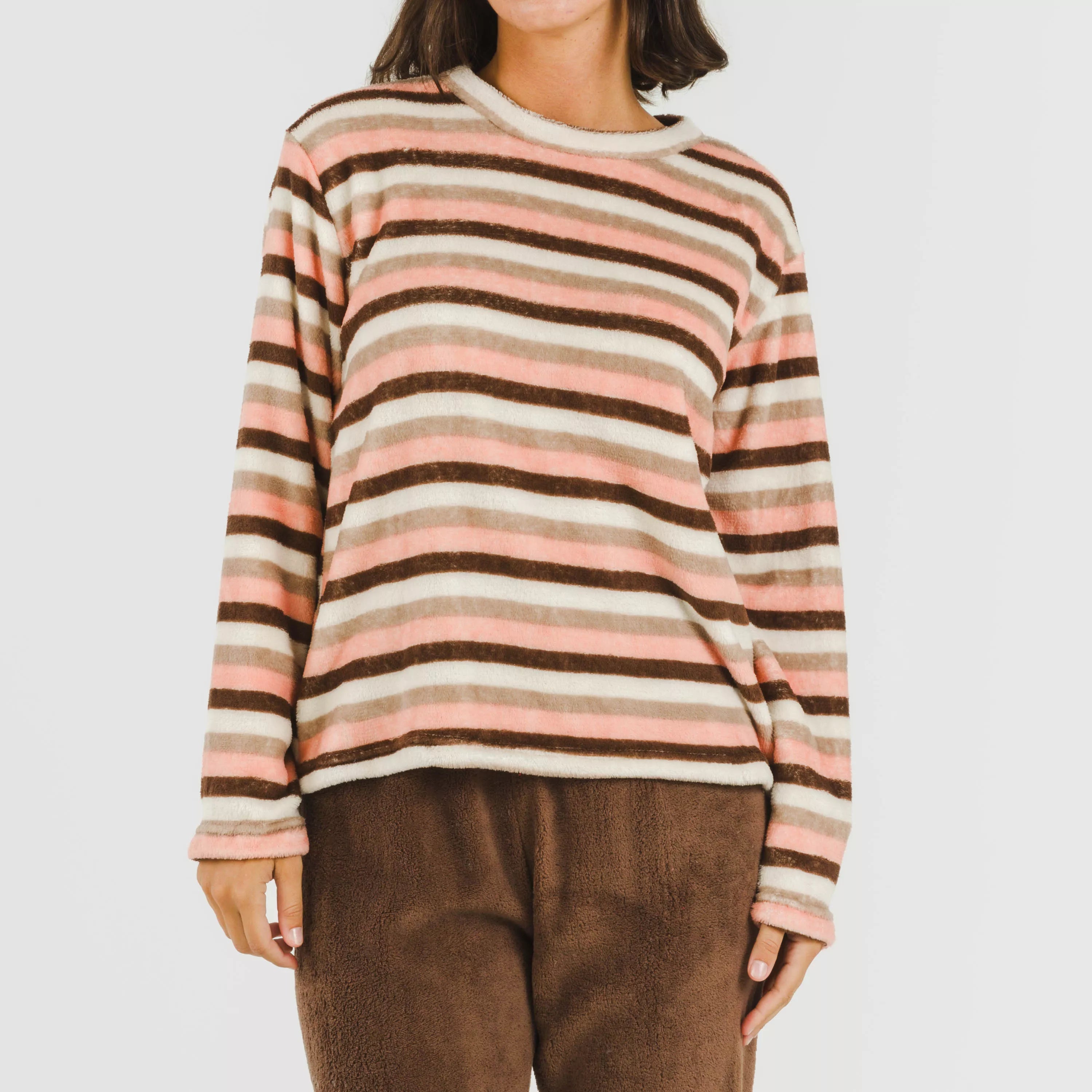 Pijama Norma cor chocolate com listras coral