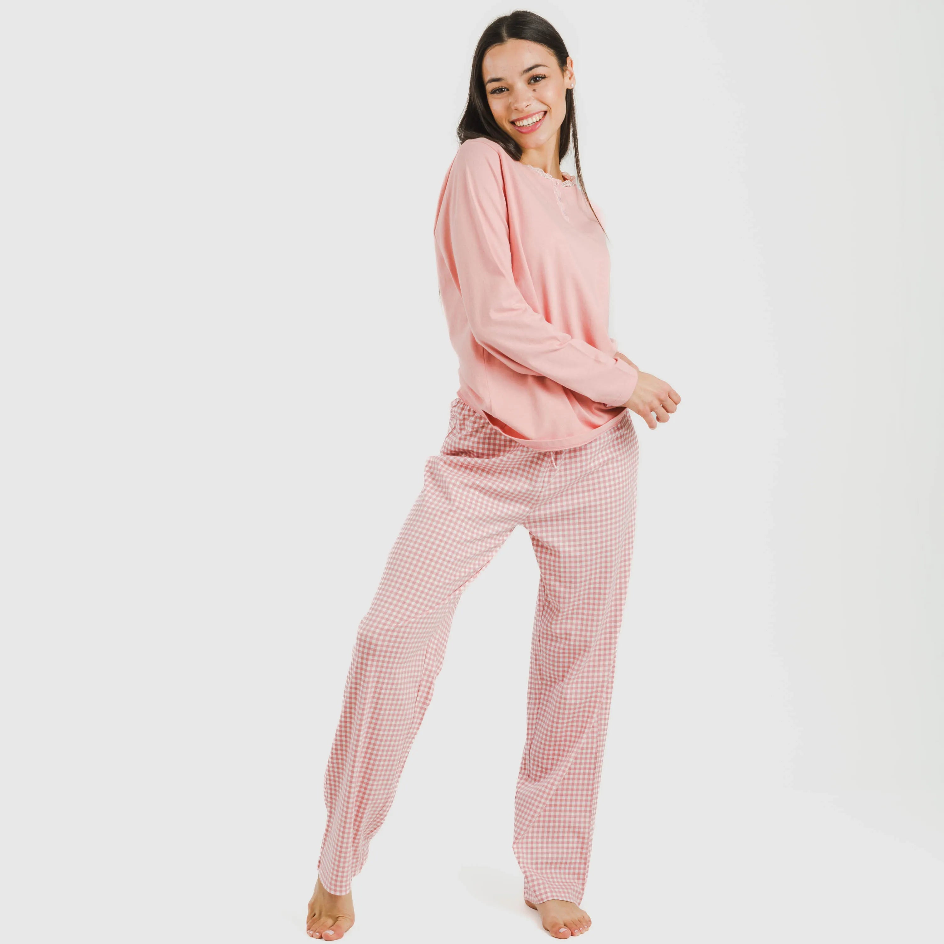 Pijama comprido de algodão, xadrez vichy rosa