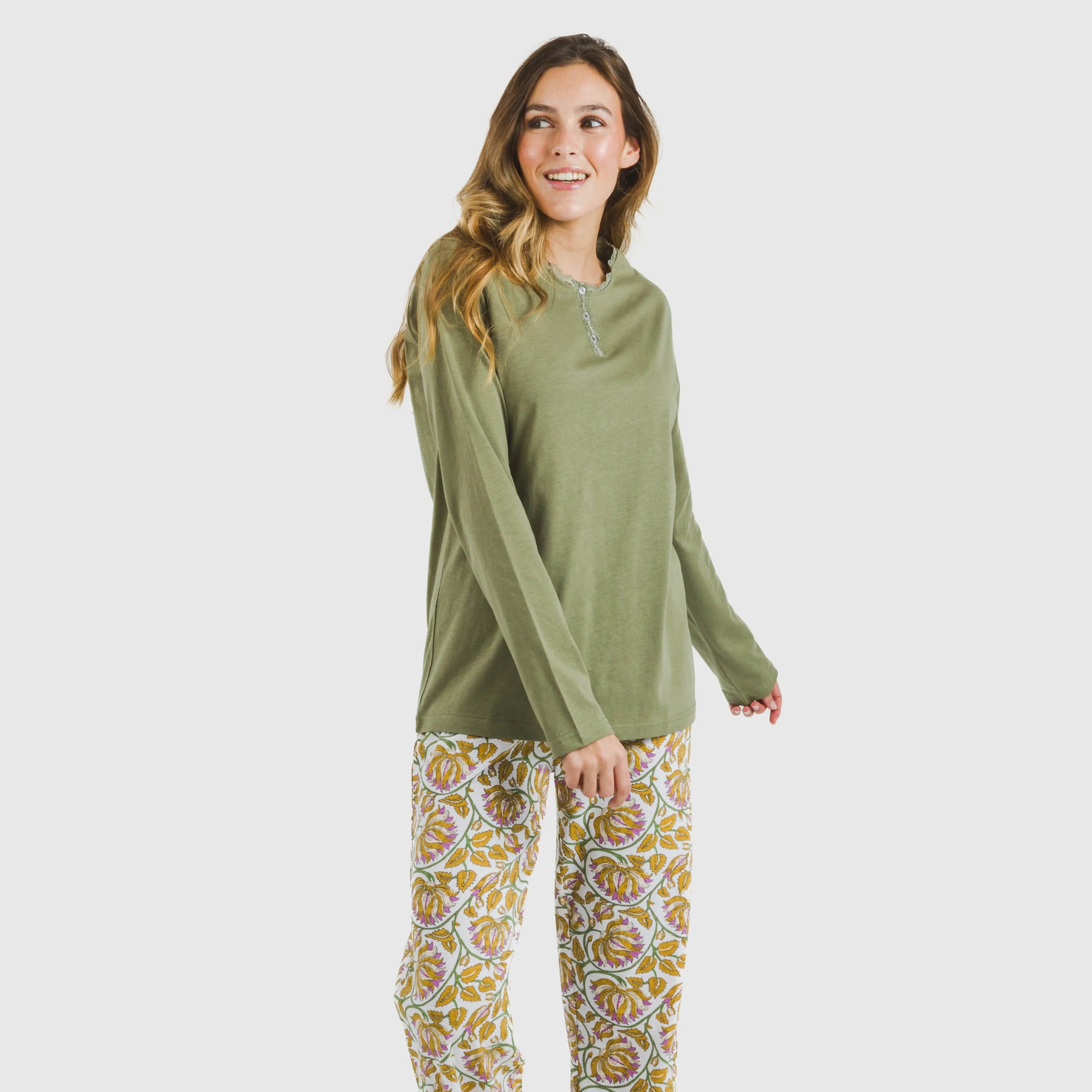 Pijama comprido de algodão verde Vênus para caça