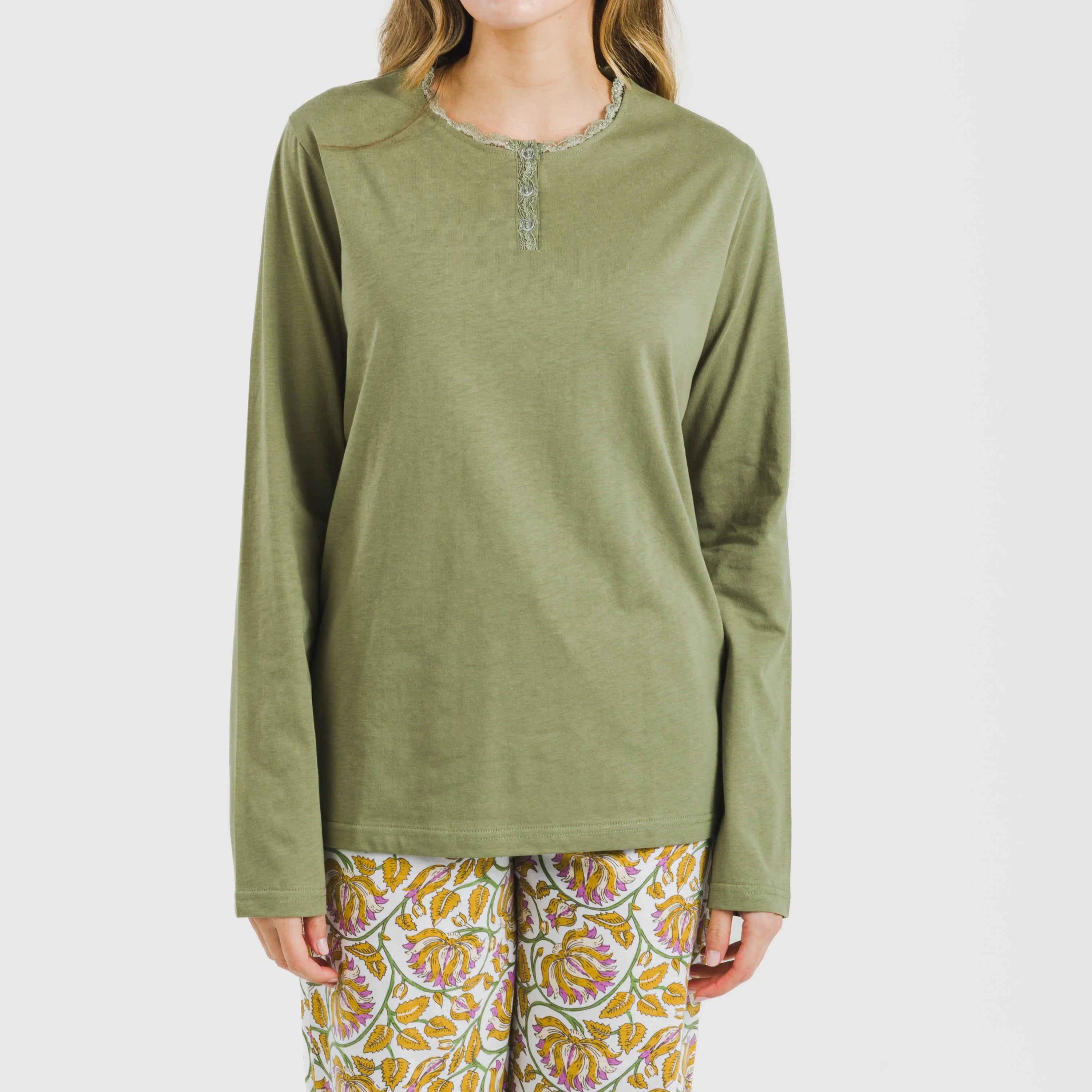 Pijama comprido de algodão verde Vênus para caça