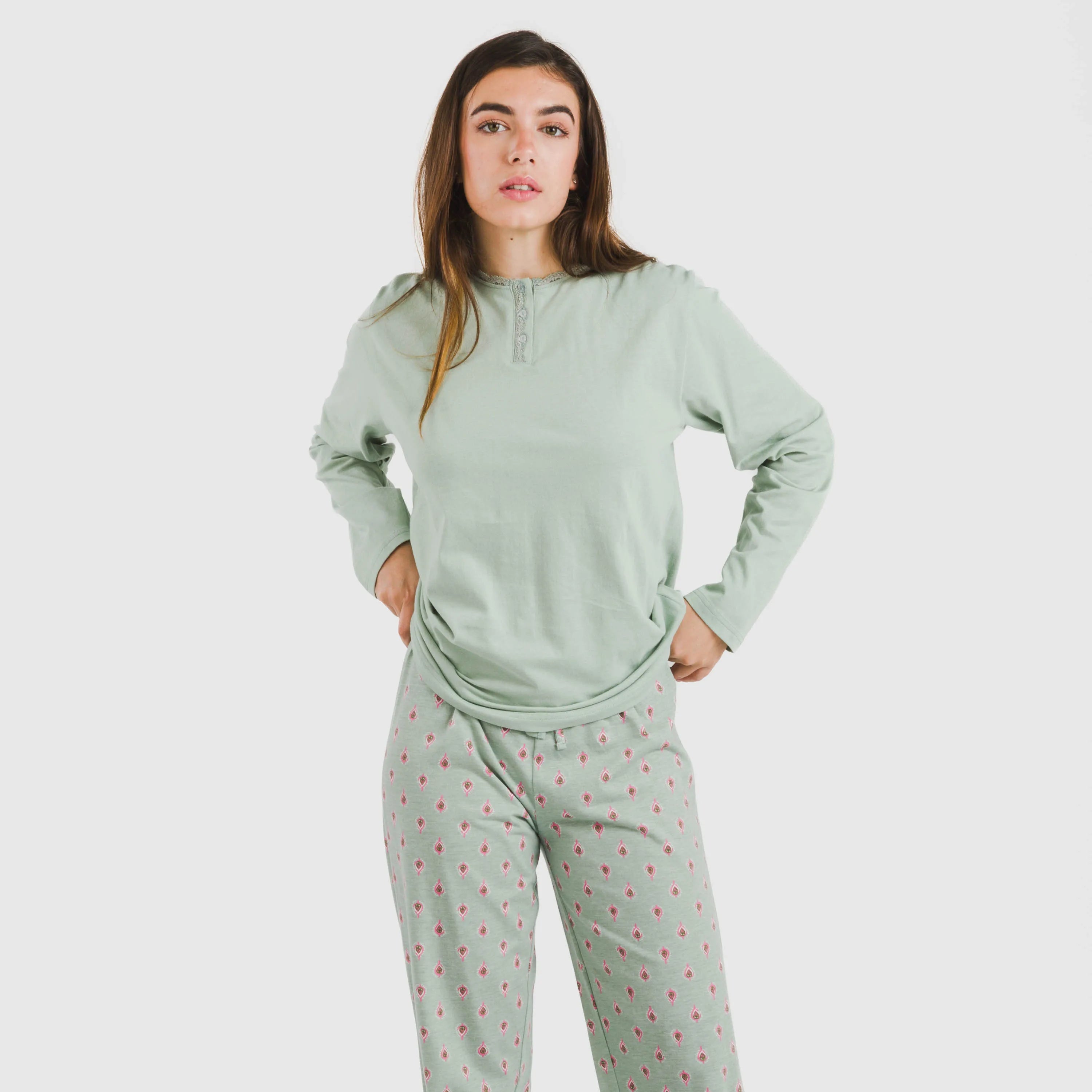 Pijama longo de algodão Alessia, verde Tiffany