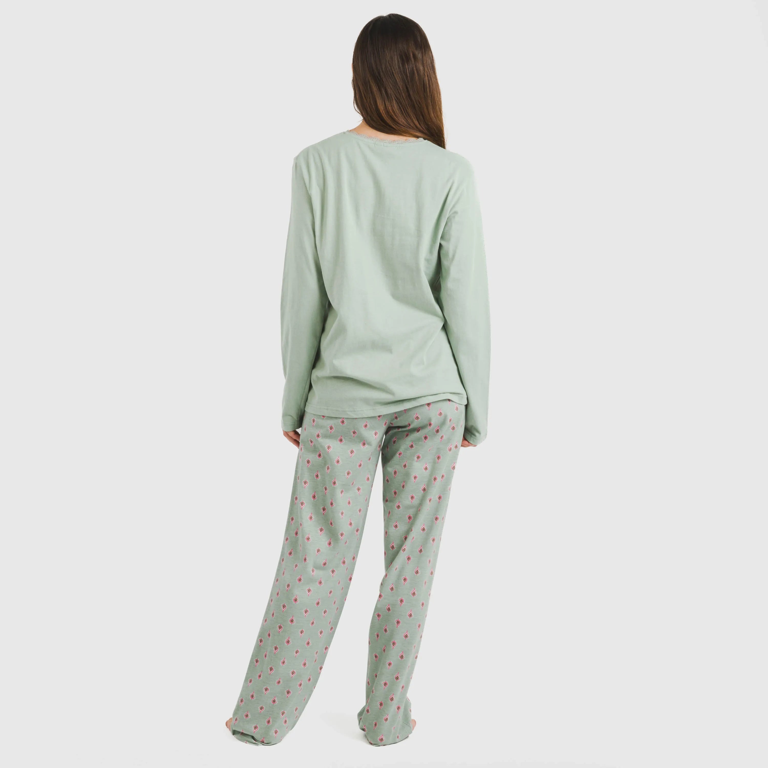 Pijama longo de algodão Alessia, verde Tiffany