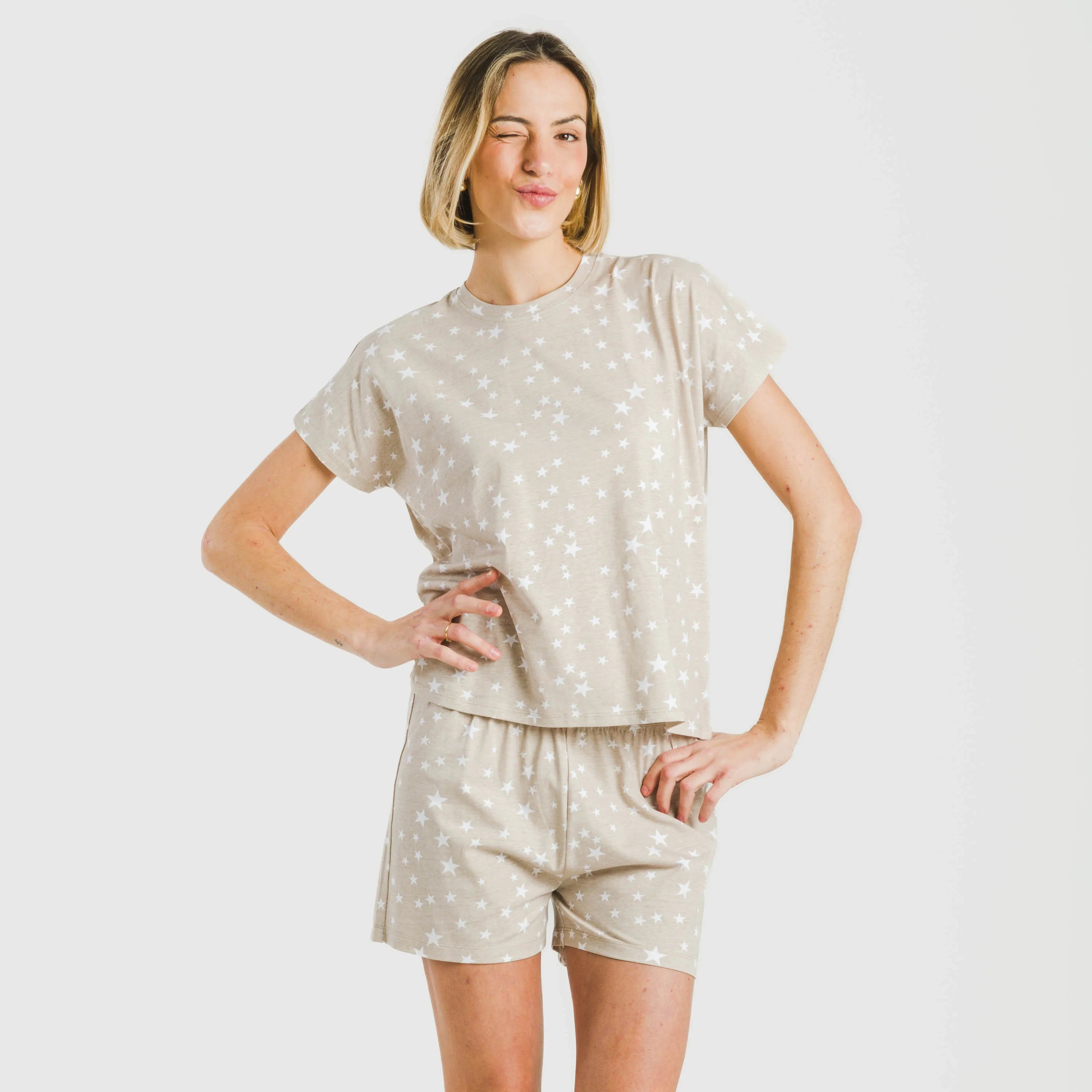 Pijama corto manga fluida algodón mujer Estrellita arena