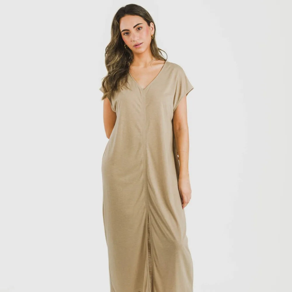 Vestido largo manga fluida viscosa liso