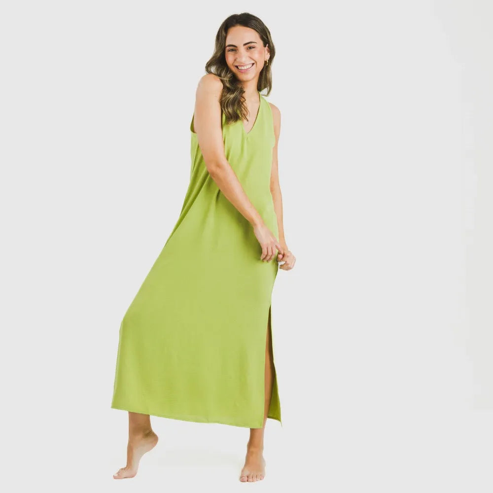 Vestito lungo con spalline in bambula a tinta unita