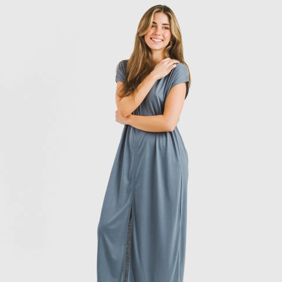 Vestido largo manga fluida viscosa liso