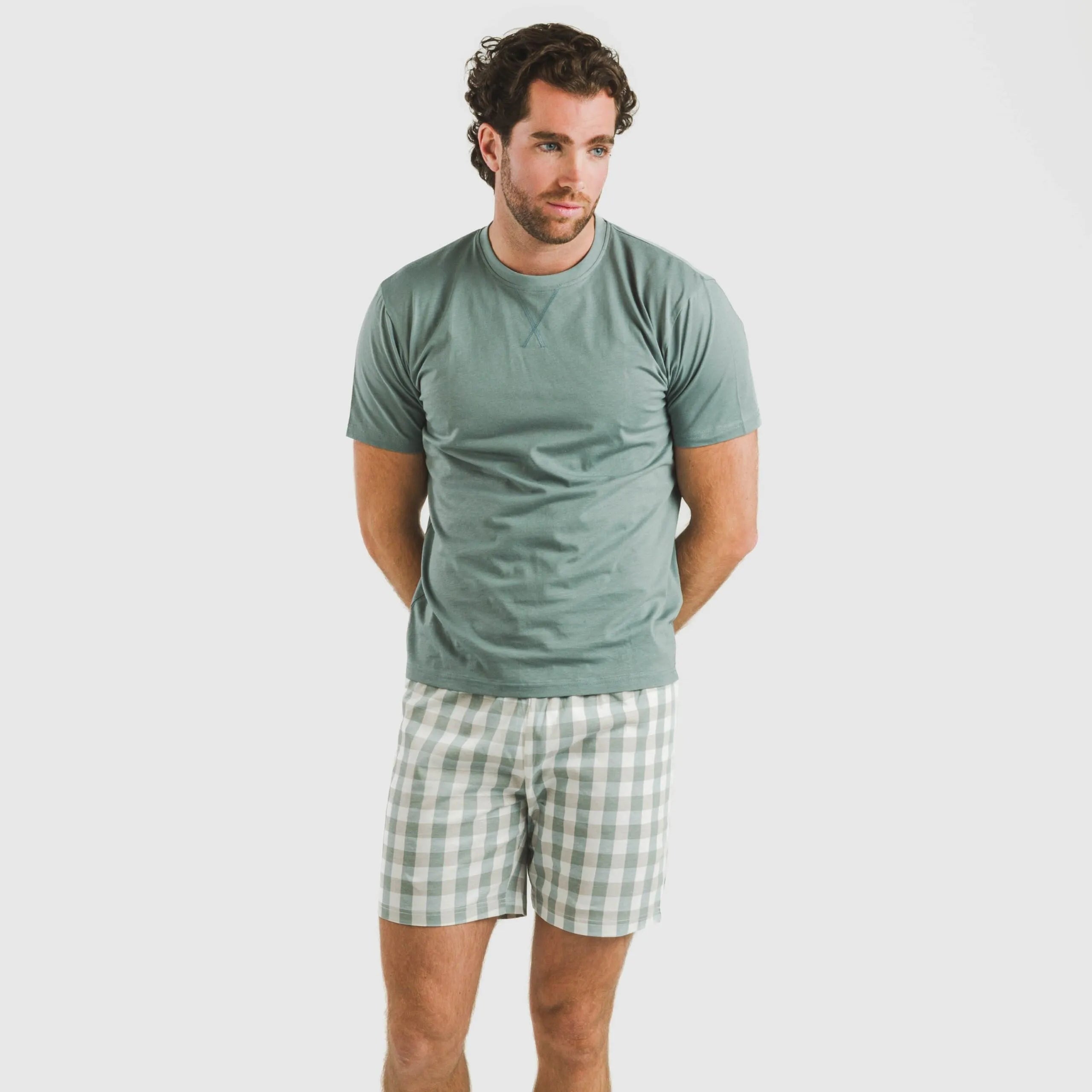 Pijama corto algodón hombre Cuadro Poli verde azulado
