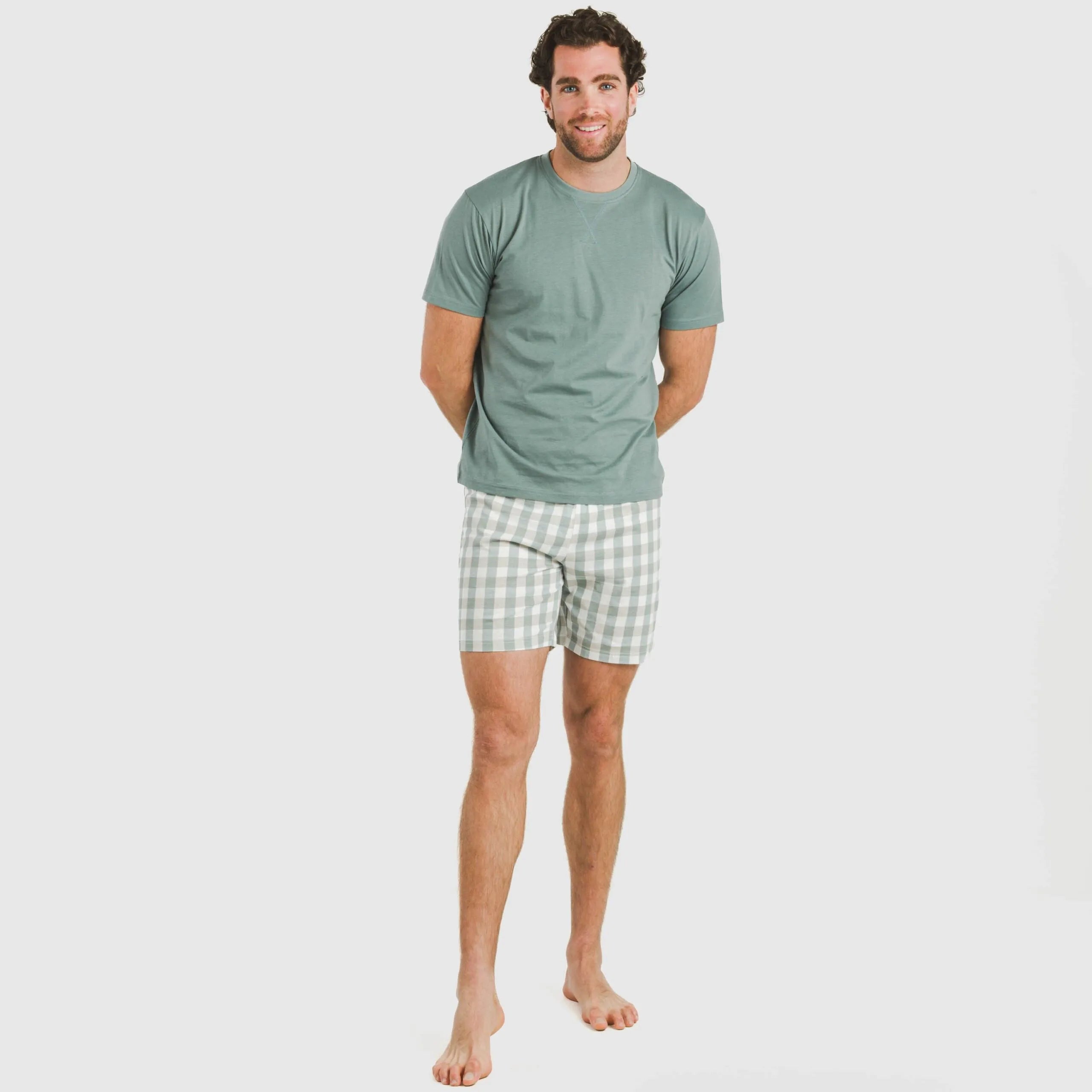 Pijama corto algodón hombre Cuadro Poli verde azulado