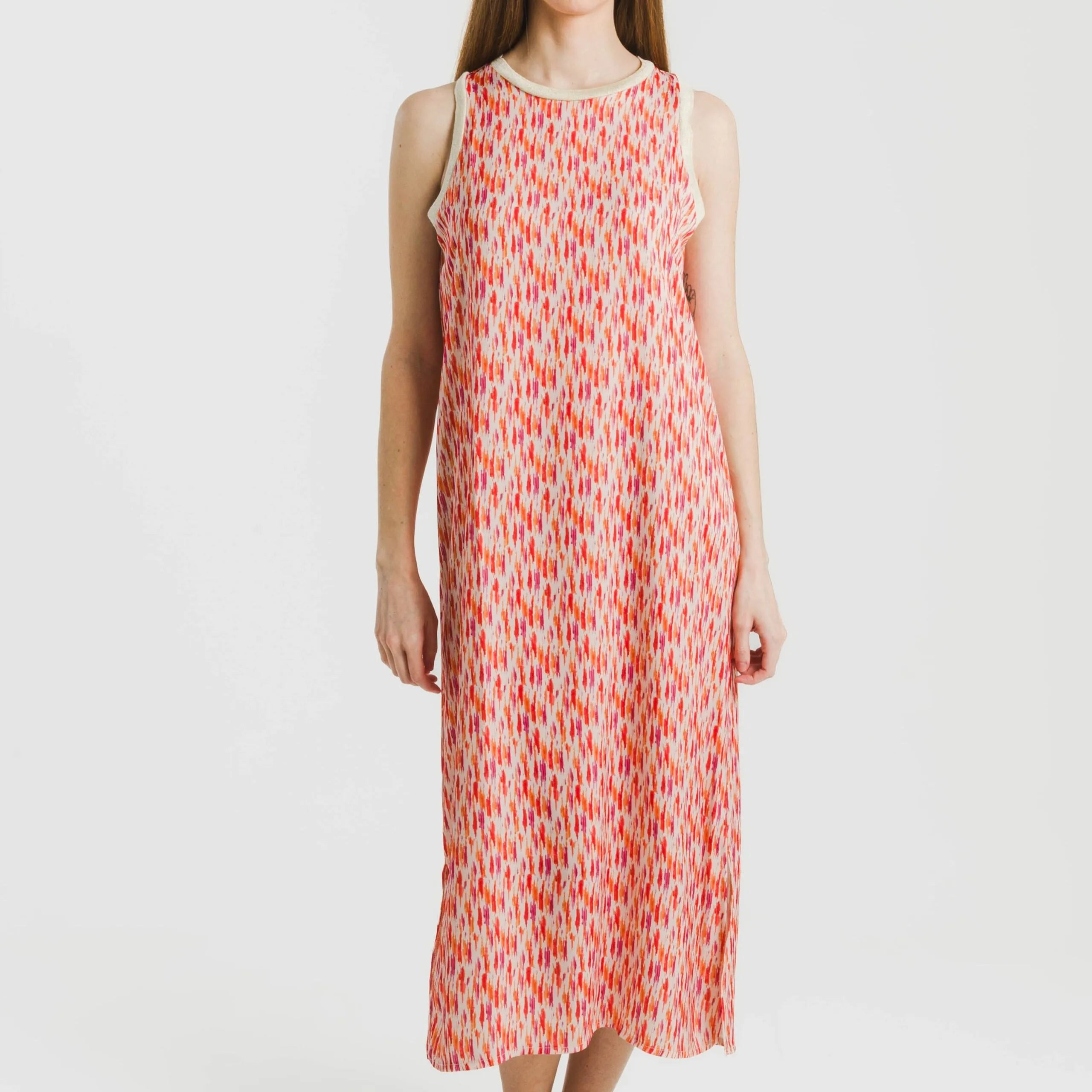 Vestido largo tirantes satén Aries naranja - rosa