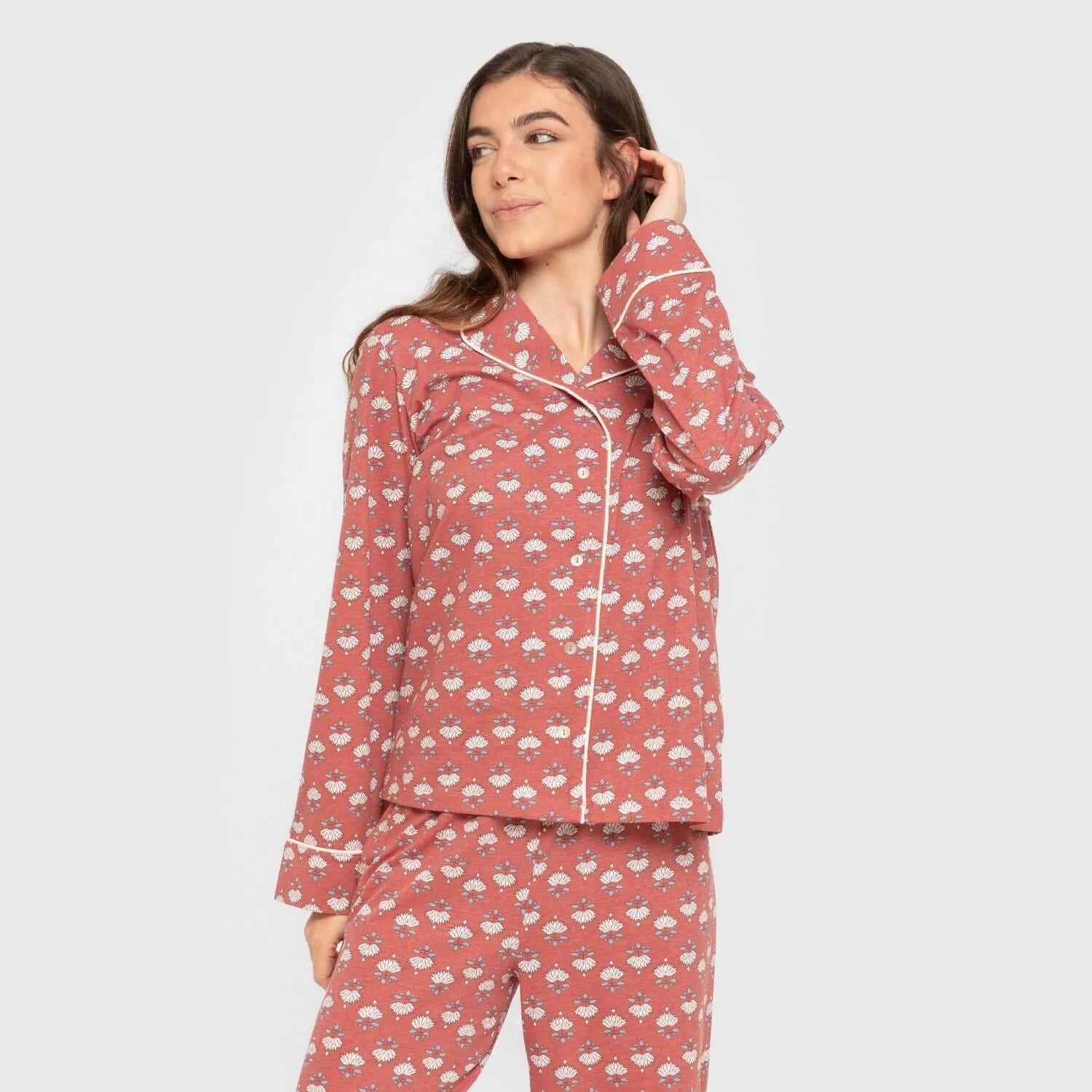 Pijama largo camisero algodón mujer Calendula marsala