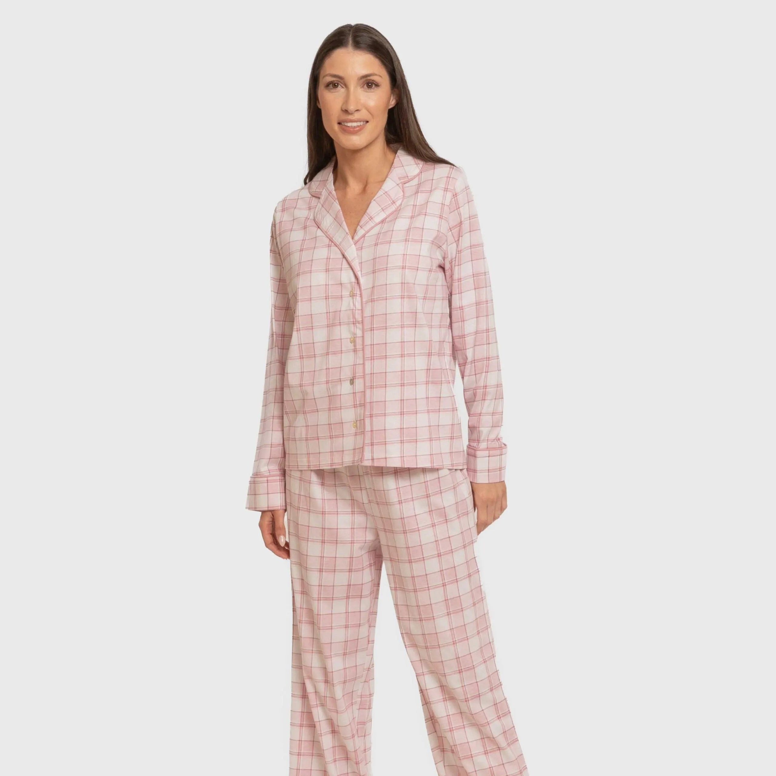 Pijama largo camisero algodón mujer Cuadro Moni Rosa