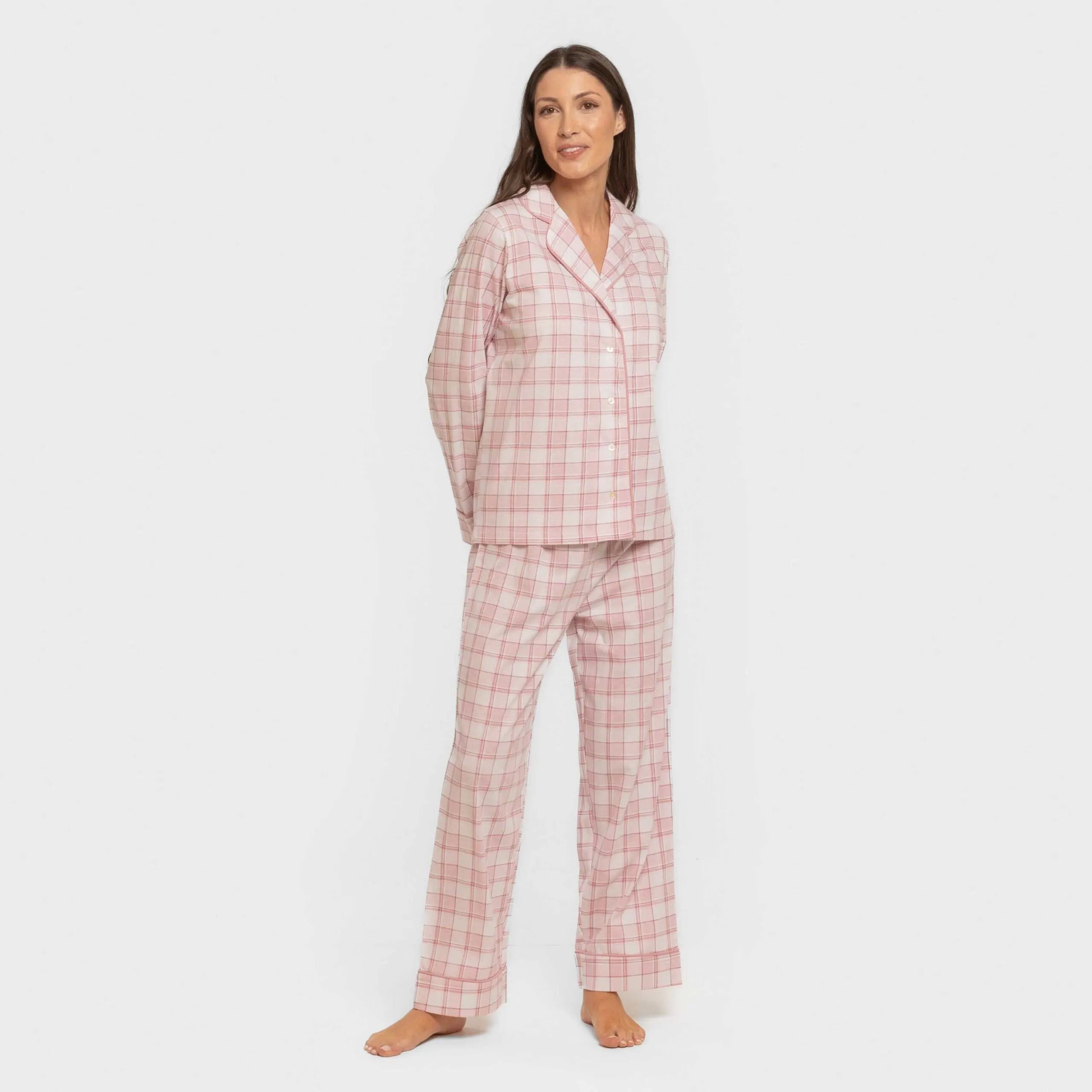 Pijama largo camisero algodón mujer Cuadro Moni rosa