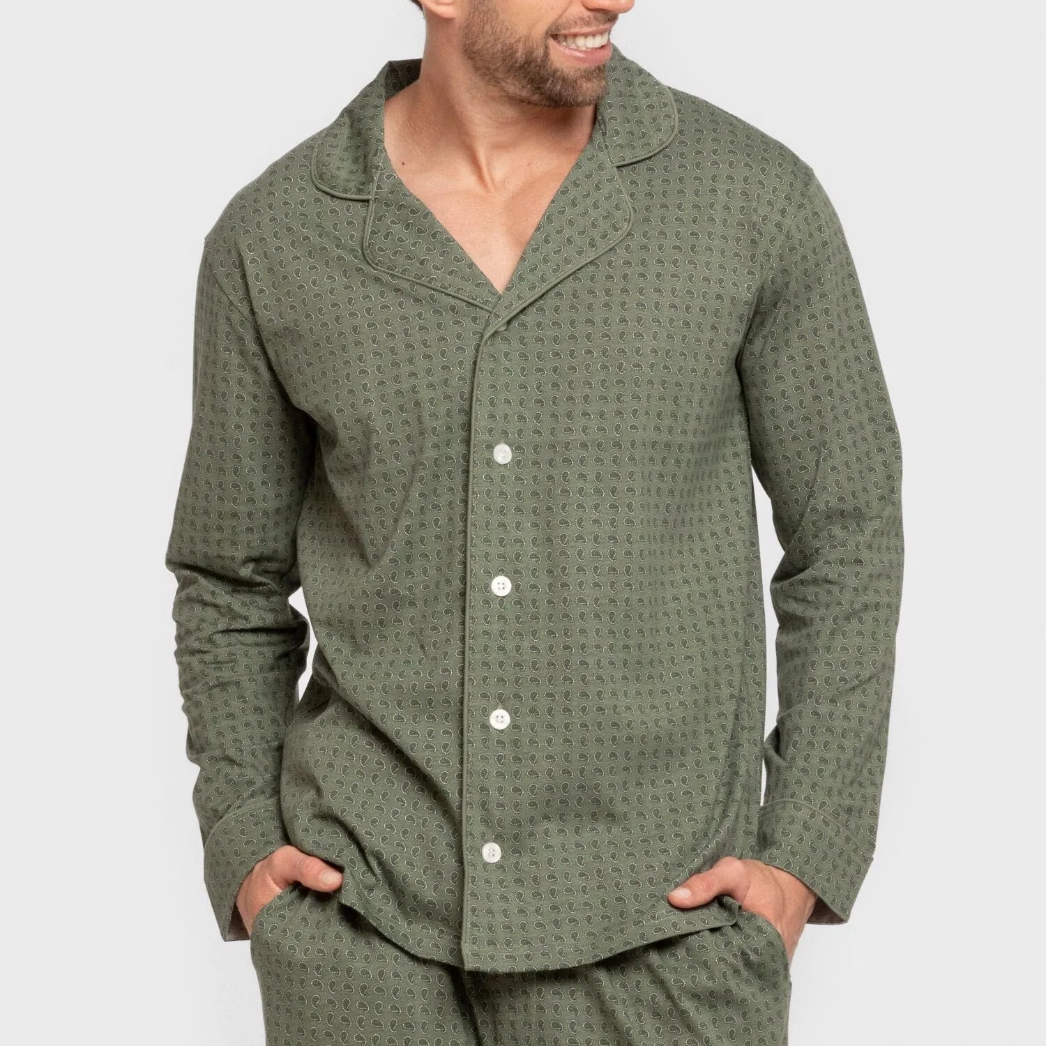 Pijama largo camisero algodón hombre Conde verde caceria
