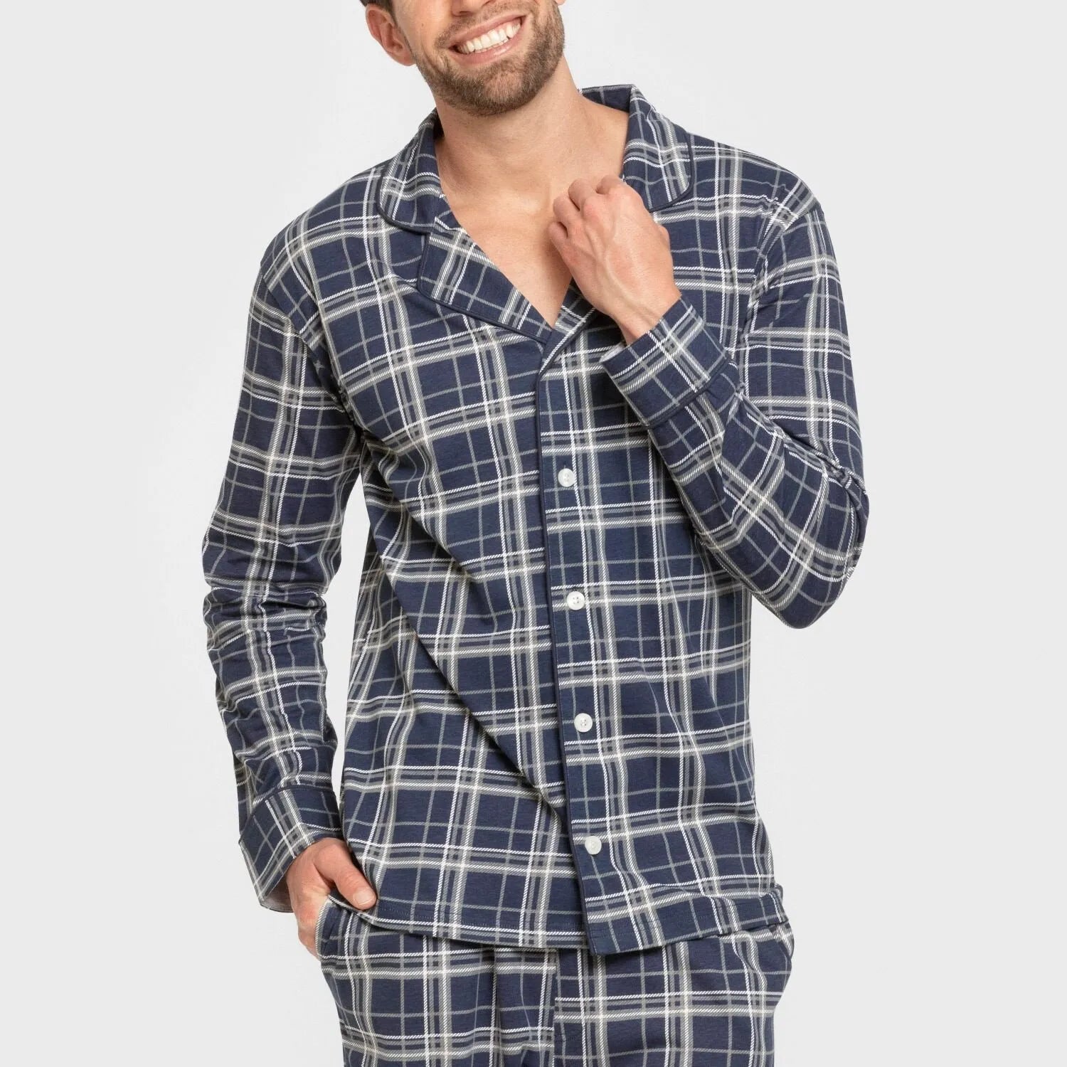 Pijama largo camisero algodón hombre Cuadro Brais azul