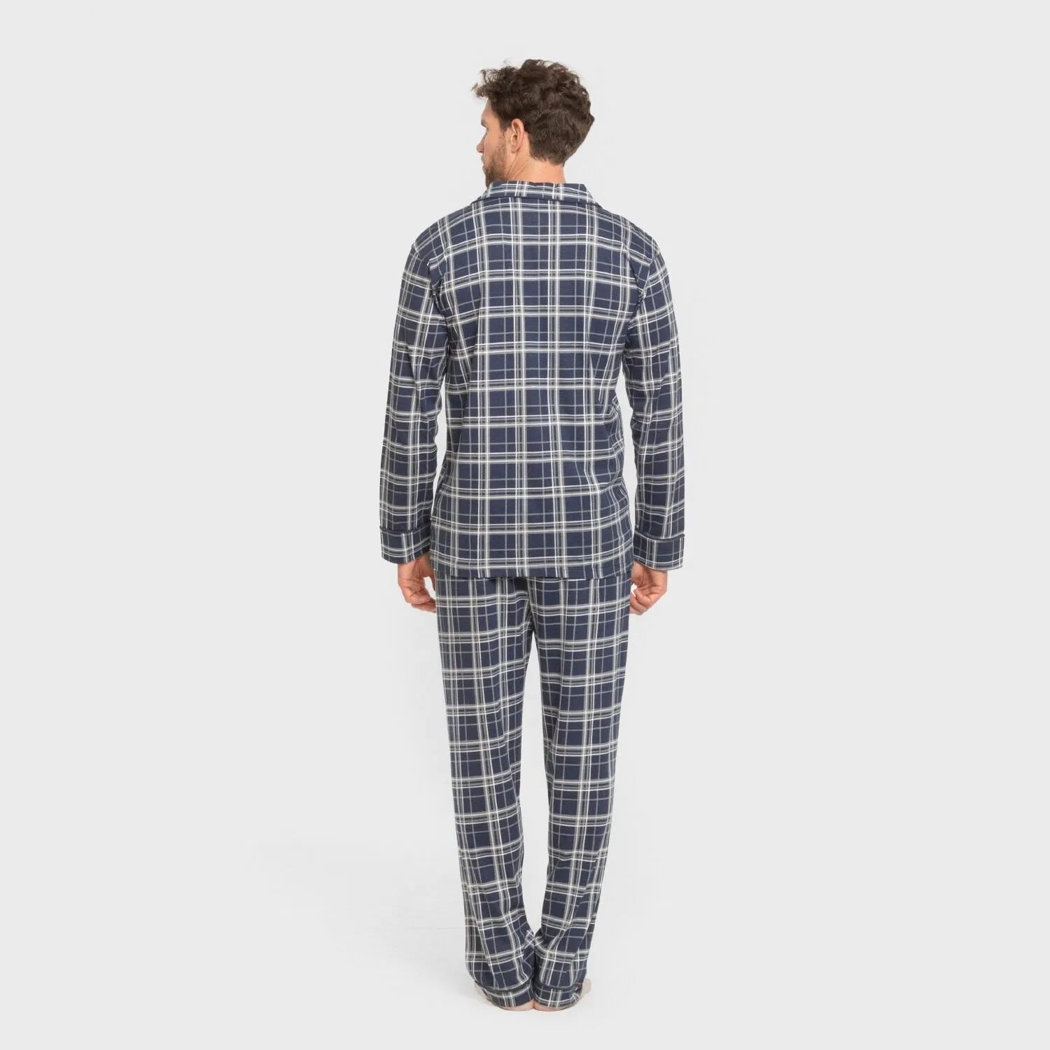 Pijama largo camisero algodón hombre Cuadro Brais azul