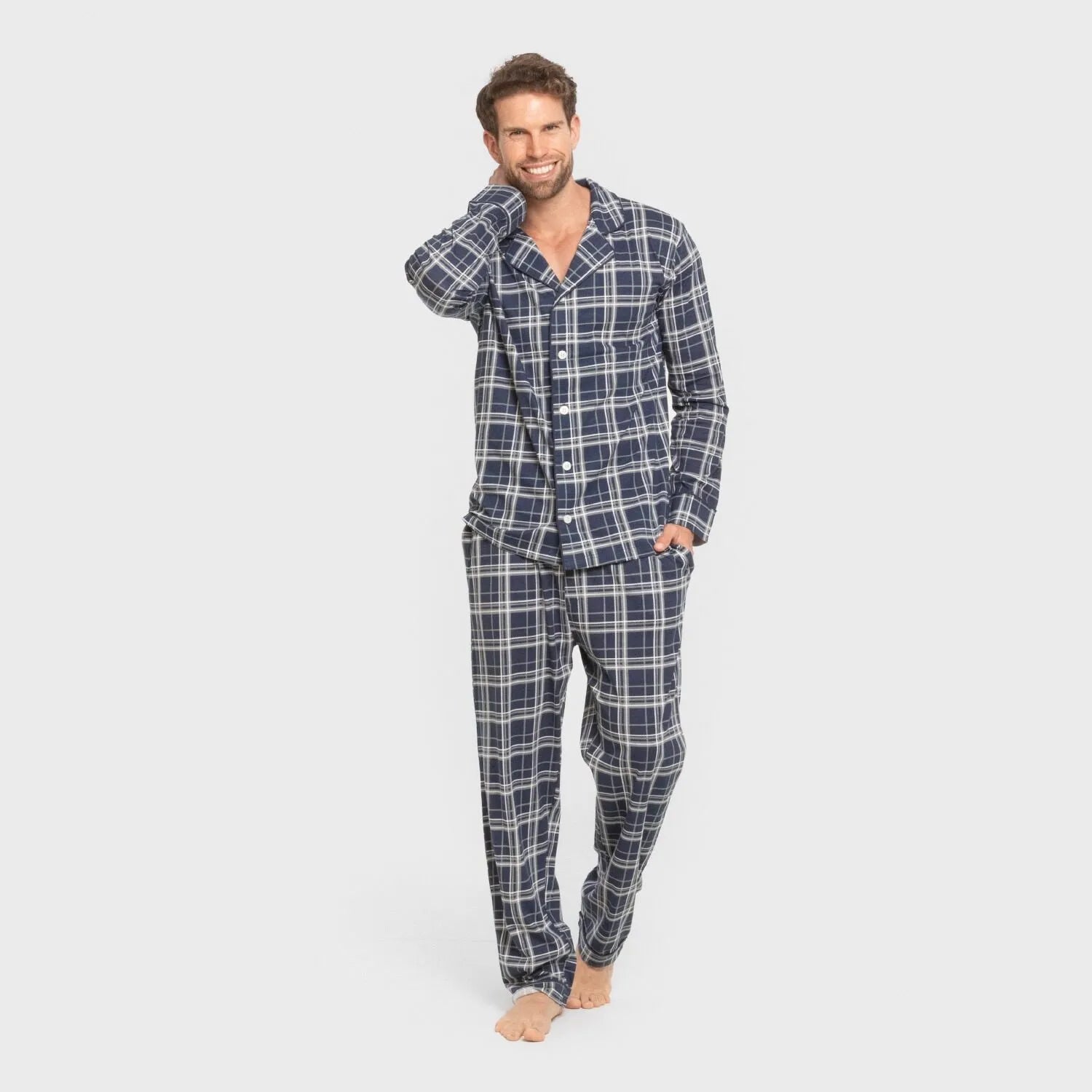 Pijama largo camisero algodón hombre Cuadro Brais azul